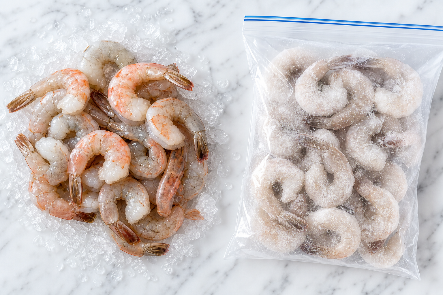 How to Buy Shrimp: Fresh vs Frozen, Sizing, and What to Look For 7 Side by side comparison of fresh shrimp on ice and frozen shrimp in packaging