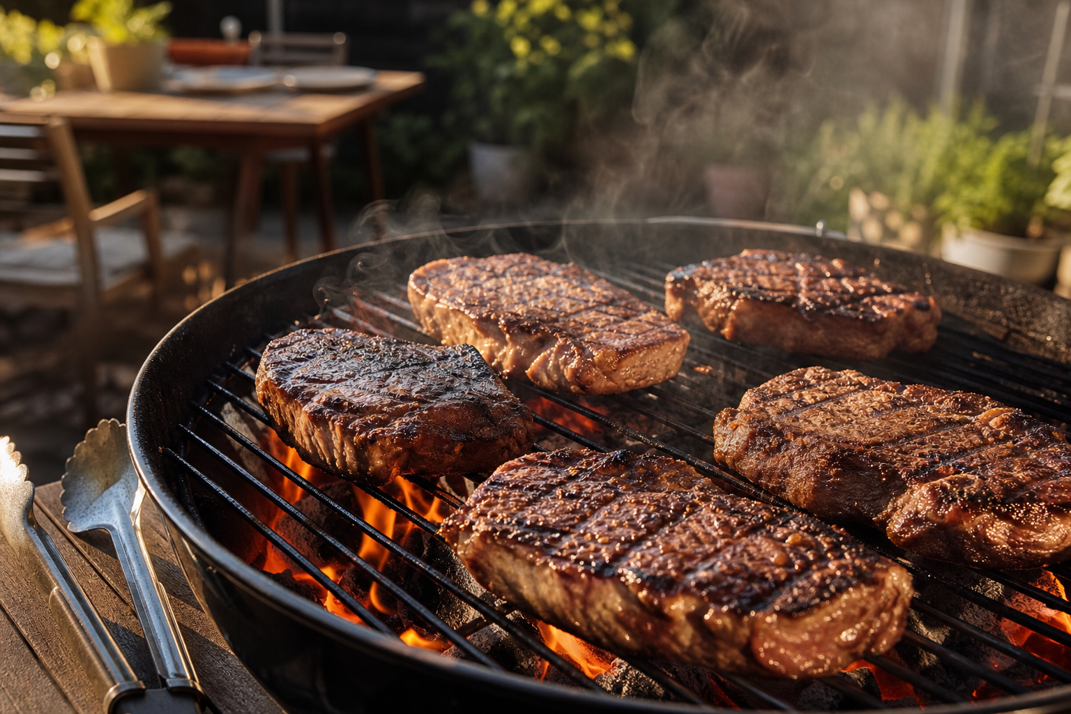 Budget beef cuts grilling on charcoal grill with flames and smoke