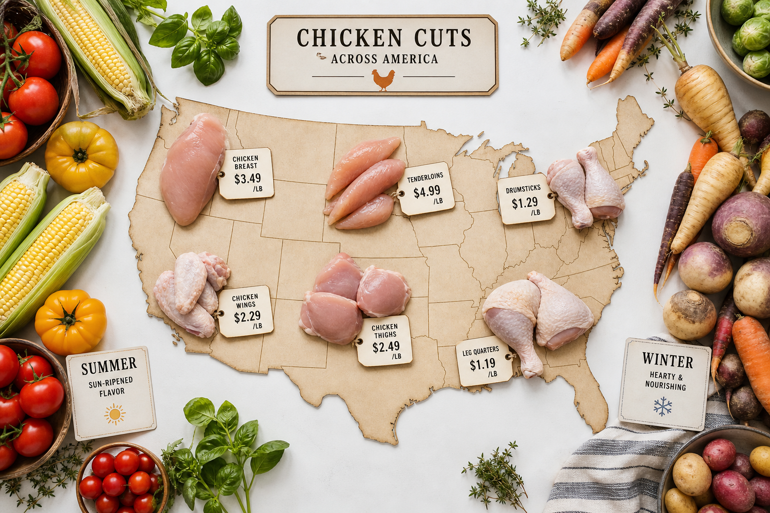 Why Chicken Prices Vary Between Grocery Stores 9 Map representation showing chicken price variations across different US regions and seasons