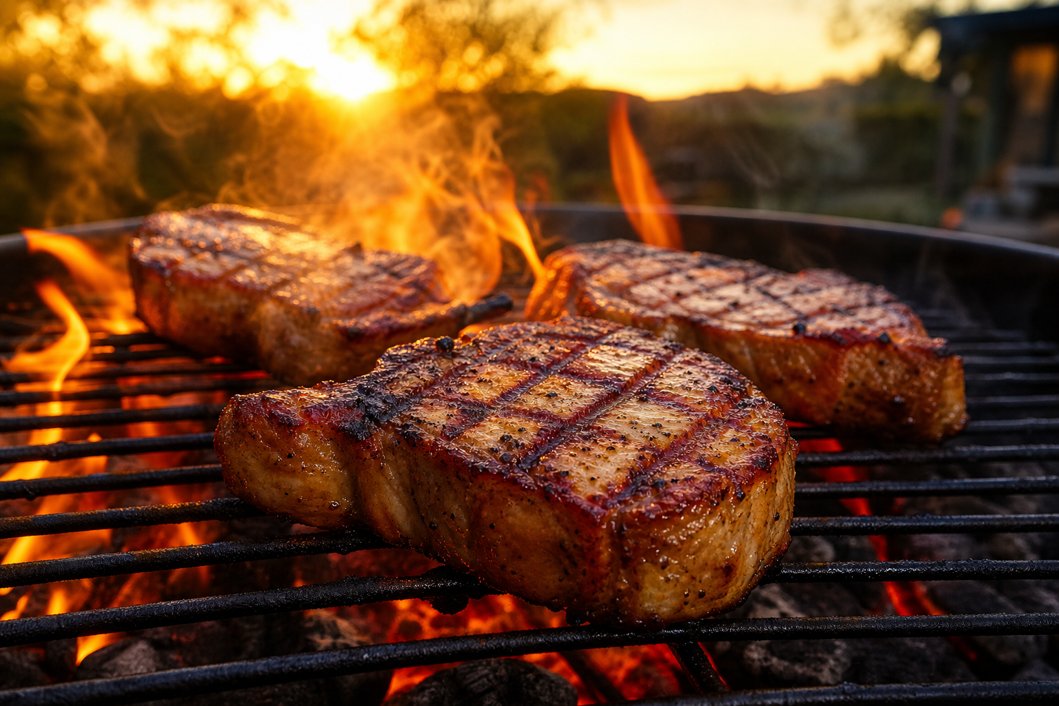 Pork chops cooking on a hot grill with visible grill marks and flames