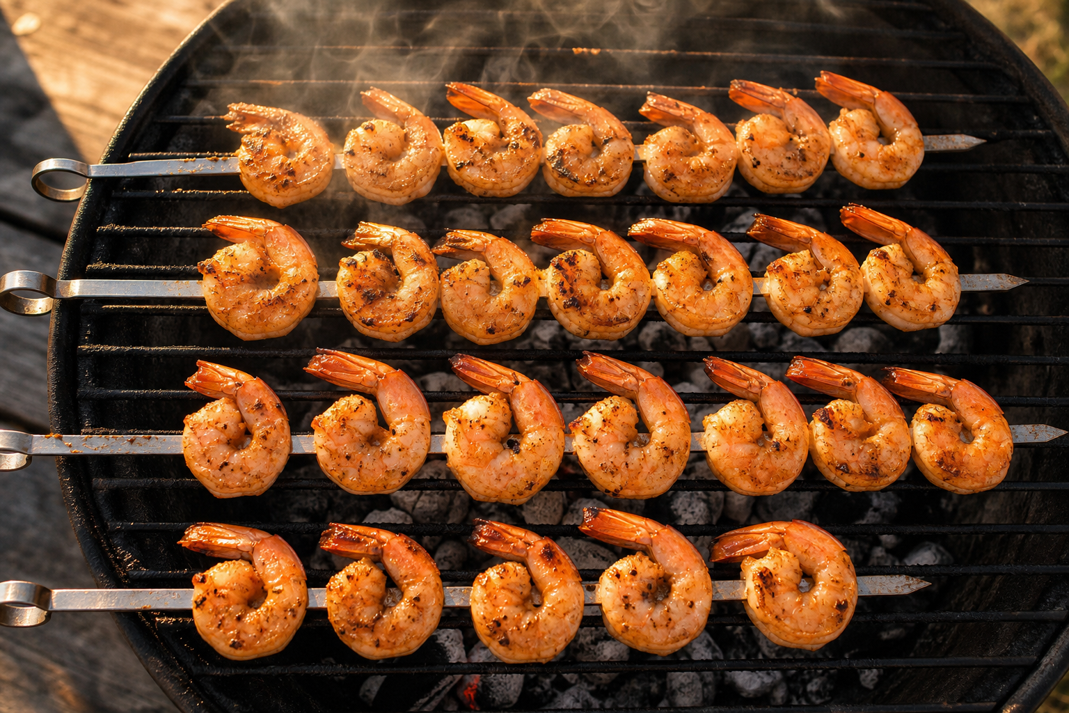 Shrimp on metal skewers cooking on a grill