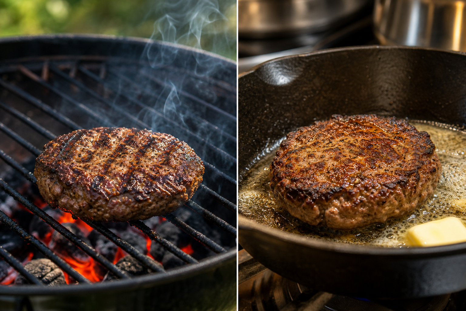 Fresh vs Frozen Burger Patties: Taste, Cost & Texture Compared 9 Split view showing burger patty cooking on outdoor grill and in cast iron skillet side by side