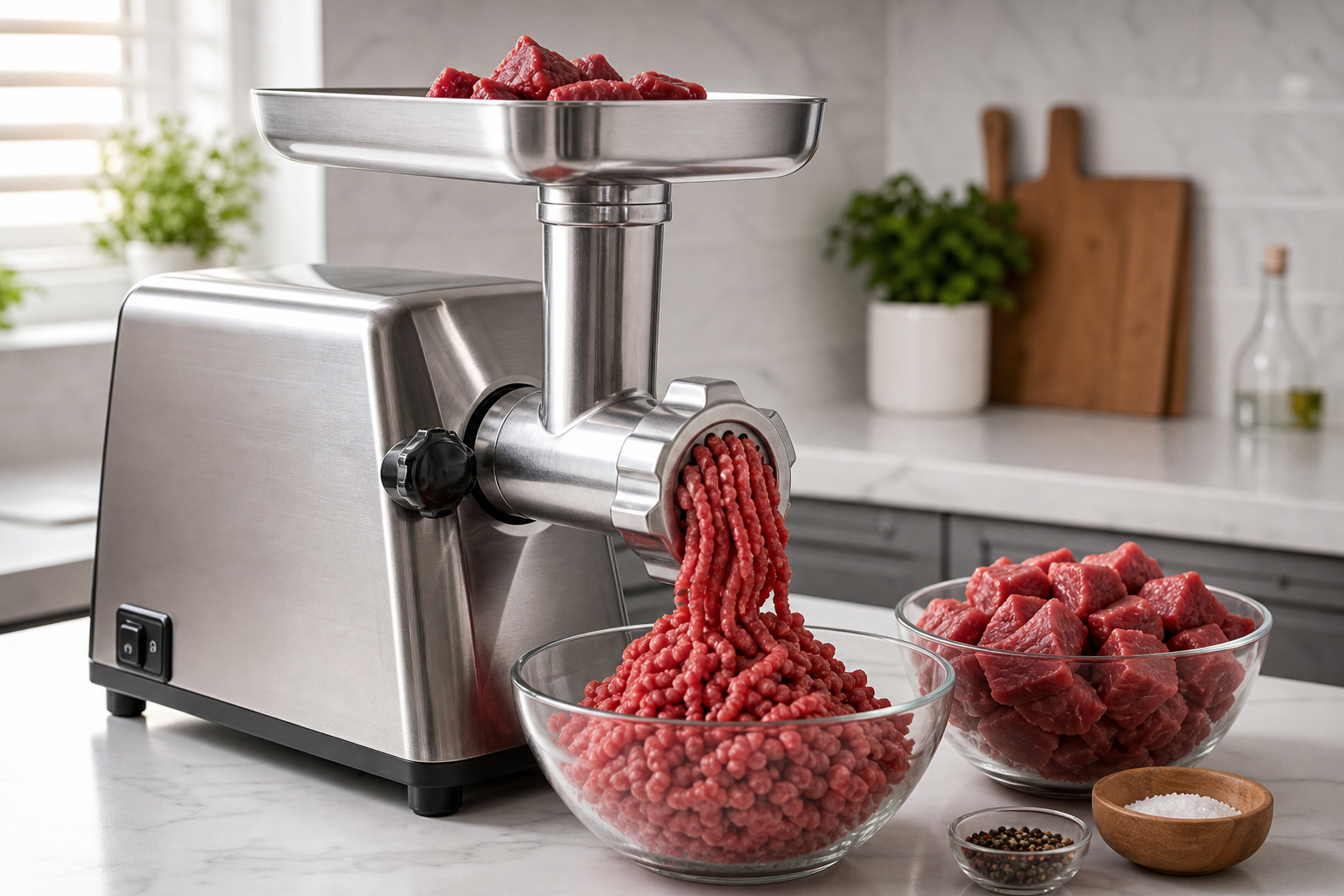 How to Save Money Buying Meat at Warehouse Clubs 6 Stainless steel meat grinder processing fresh beef chunks into ground meat