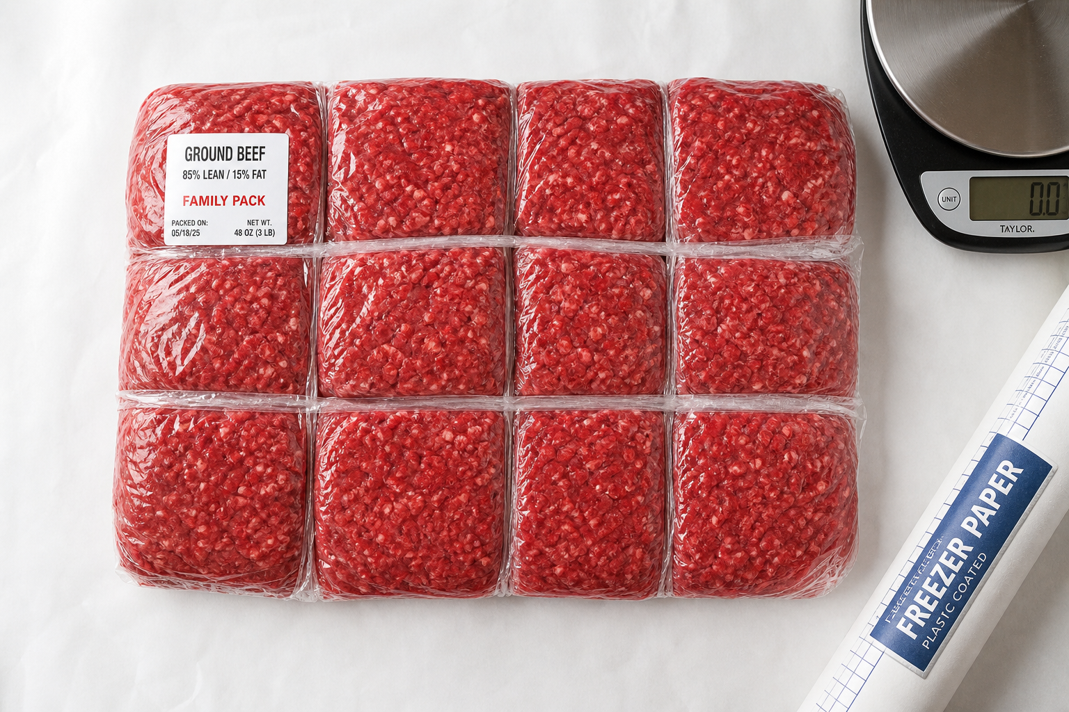 Family Packs and Bulk Meat: How to Save on Protein Every Week 6 Family pack of ground beef divided into portions on white butcher paper