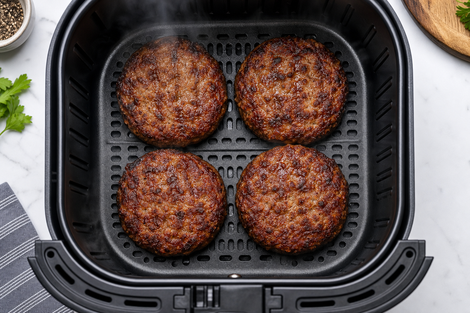 Best Affordable Meat Cuts for Your Air Fryer 8 Four cooked ground meat patties in an air fryer basket with even browning