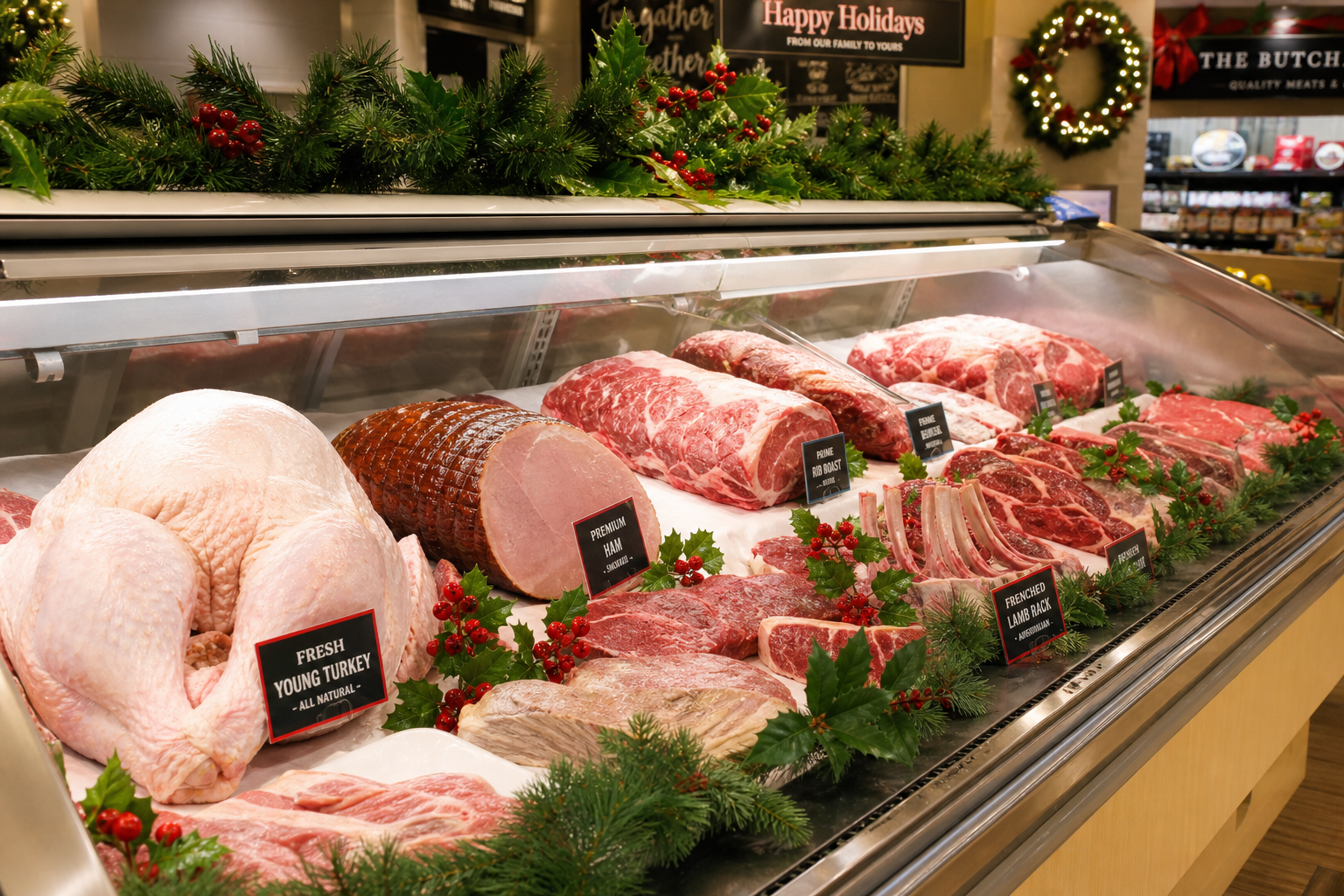 Supermarket meat display case with holiday meats and seasonal decorations