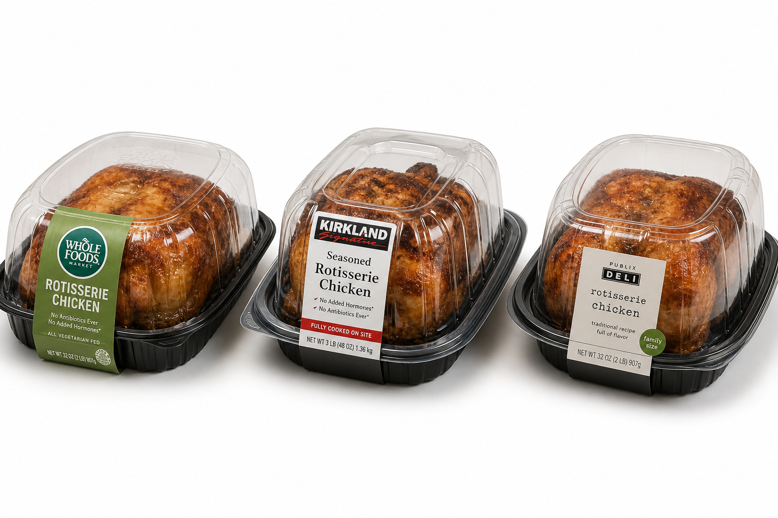 Three rotisserie chickens from different stores compared side by side