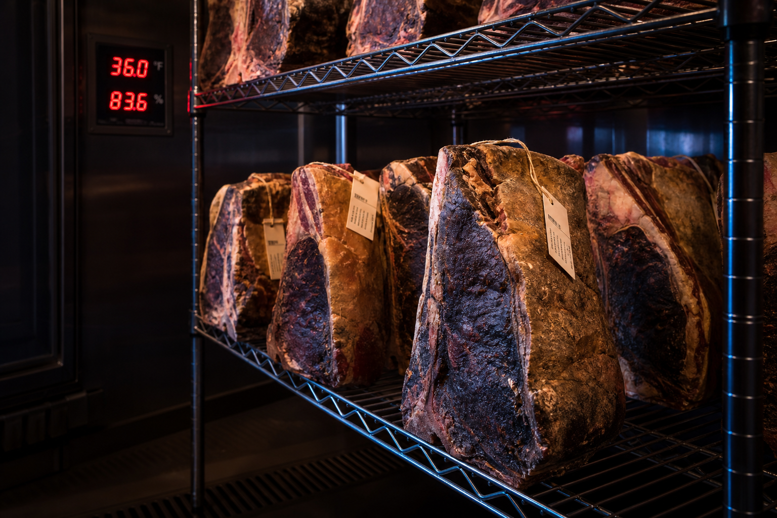 Wet Aged vs Dry Aged Beef: Key Differences Explained 8 Beef cuts hanging in professional dry aging room with controlled environment