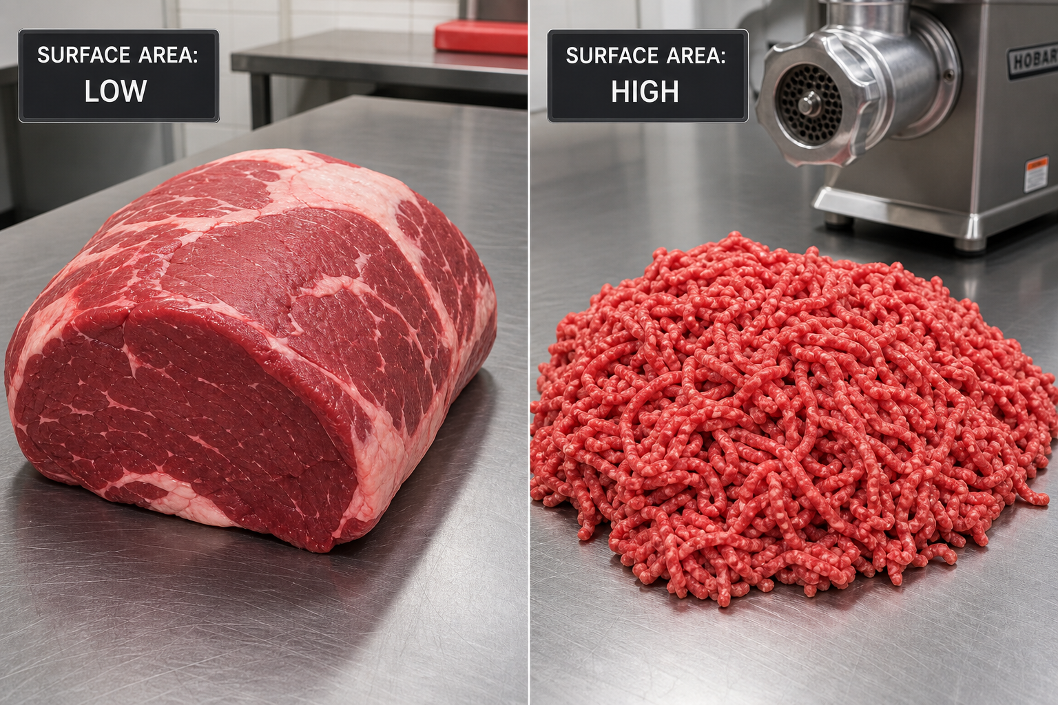 5 Checks to Tell If Ground Beef Has Gone Bad 9 Comparison of whole beef cut and ground beef showing difference in surface area exposure