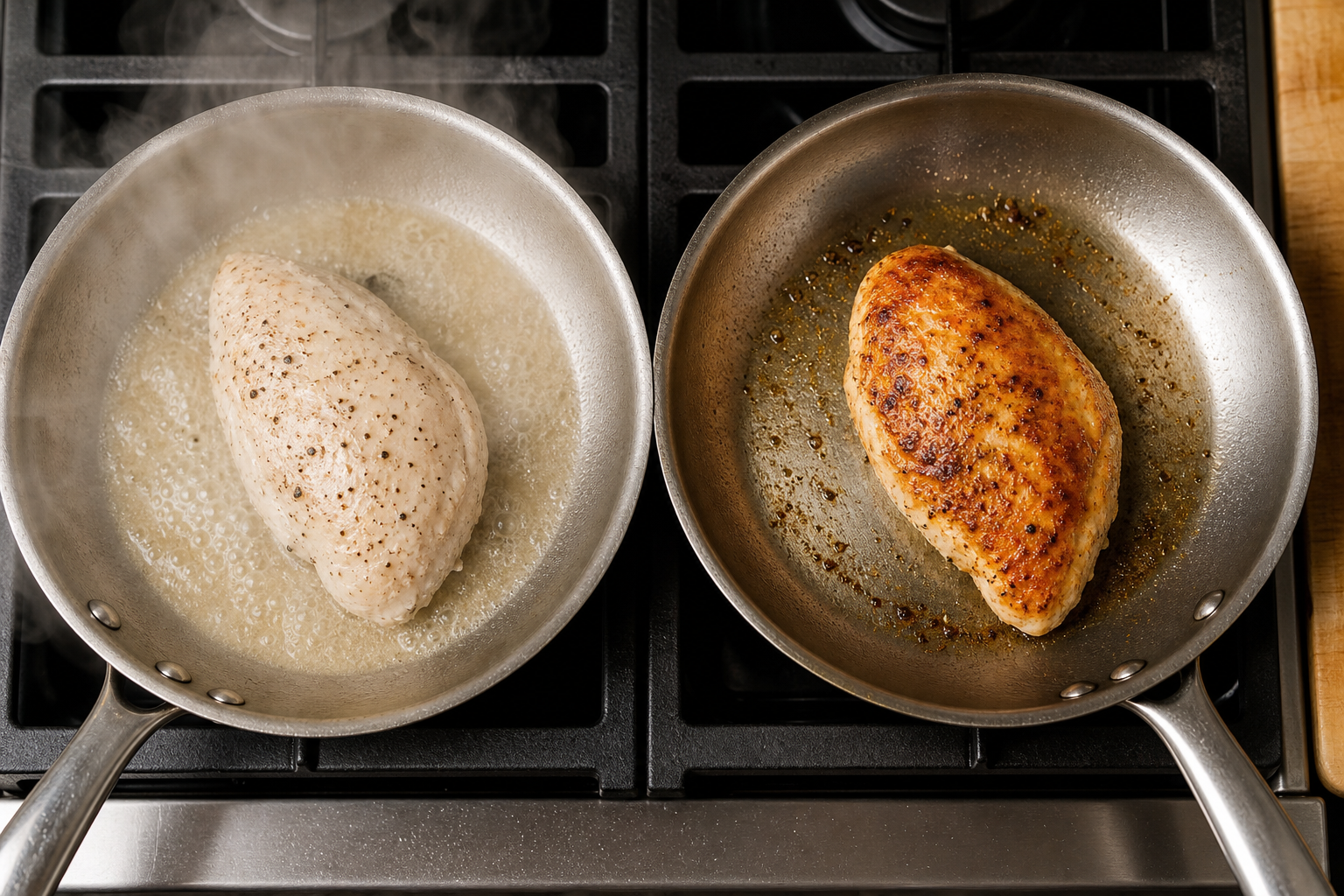 What Is Enhanced Chicken? How to Spot and Avoid It 6 Comparison of enhanced versus non-enhanced chicken cooking in pans