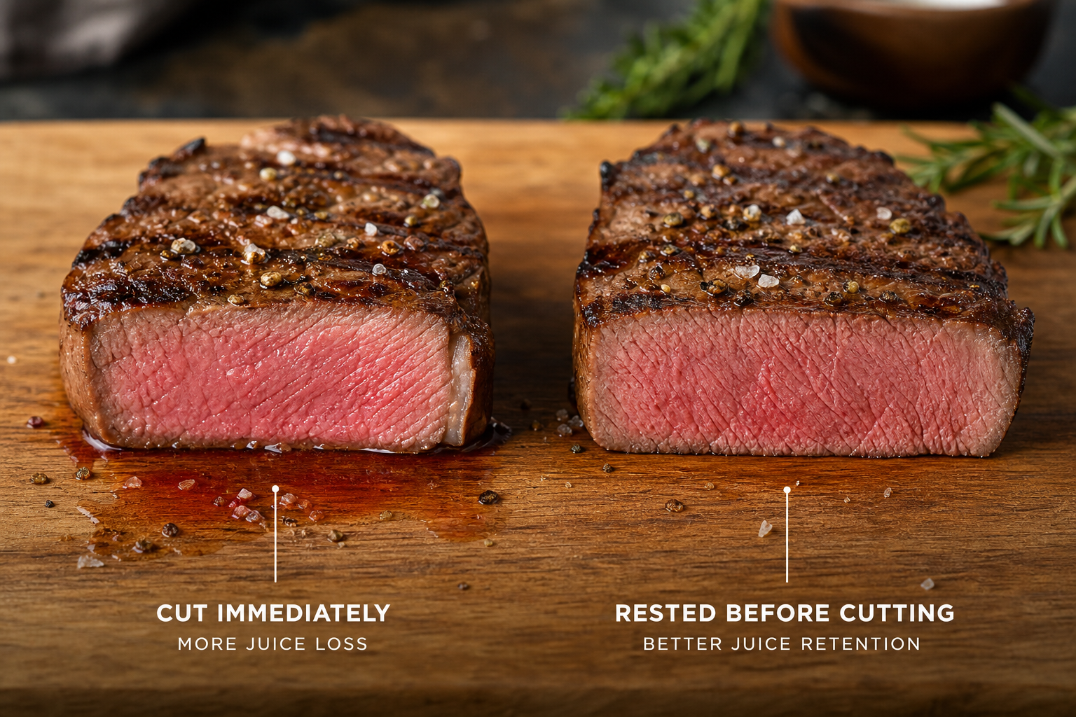 Cross-section comparison showing rested versus non-rested steak with visible juice distribution differences