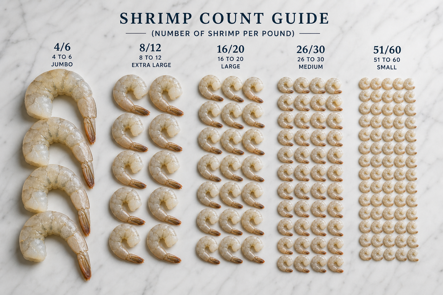 Different sized raw shrimp arranged in rows showing size progression based on count per pound