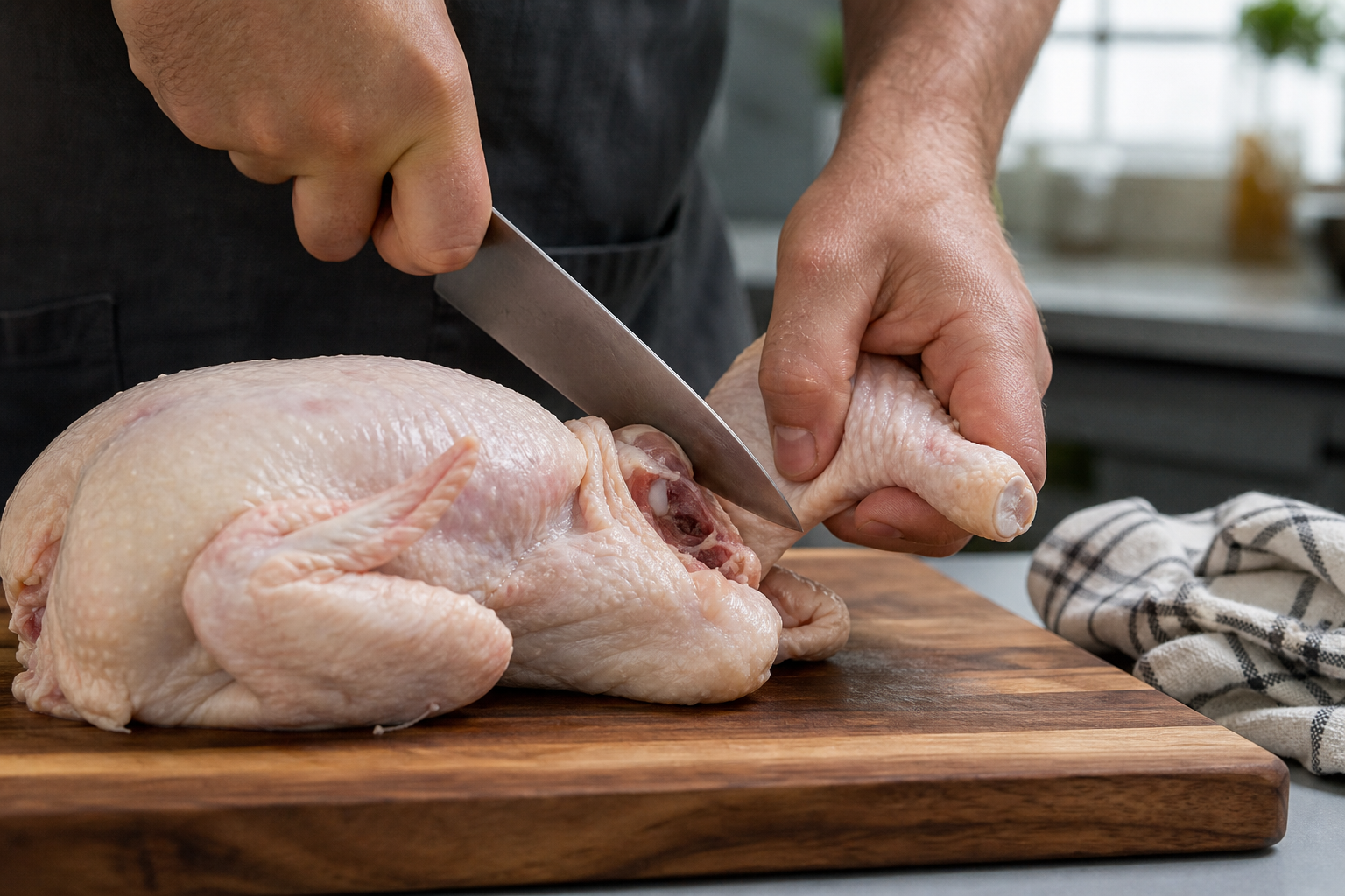Hands using knife to cut chicken at the joint on cutting board