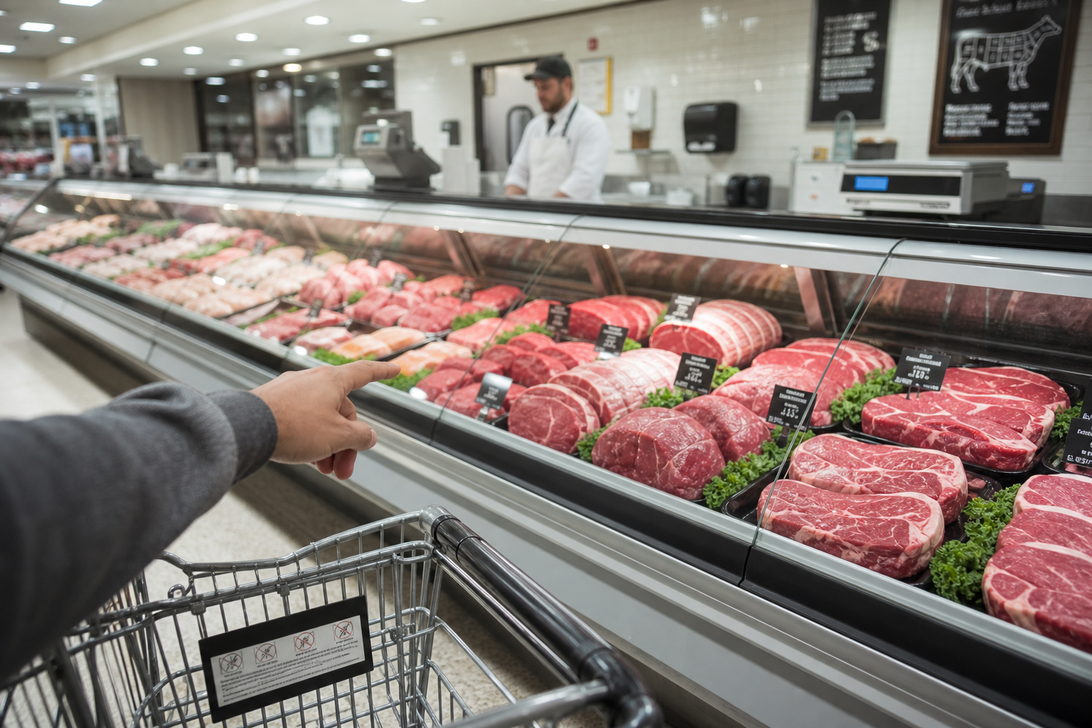 How to Choose Budget Meat Cuts That Cook Like Premium Steaks 9 Shopper's view of grocery store butcher counter with meat display cases