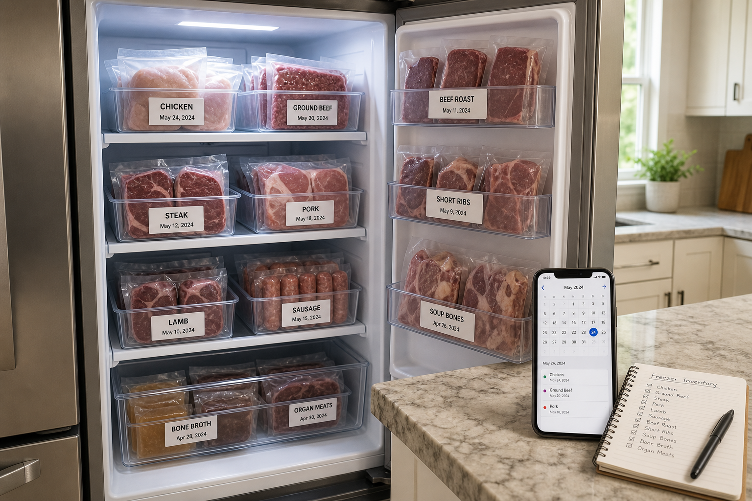 How to Save Money on Markdown Meat at the Grocery Store 8 Organized freezer with labeled meat packages and planning tools