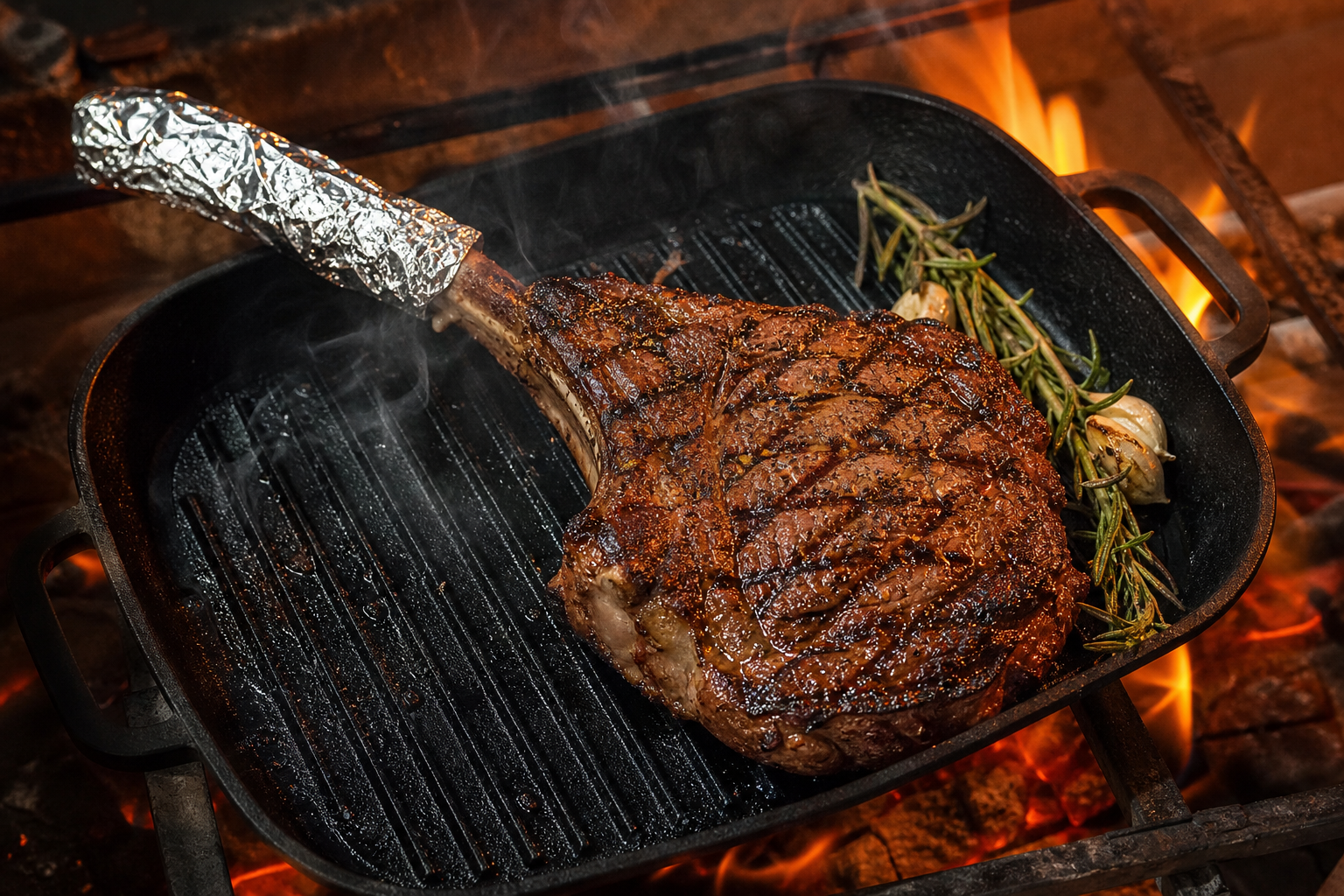 Tomahawk Steak: Is the Bone-In Ribeye Worth the Premium Price? 6 Tomahawk steak cooking on grill with flames and grill marks