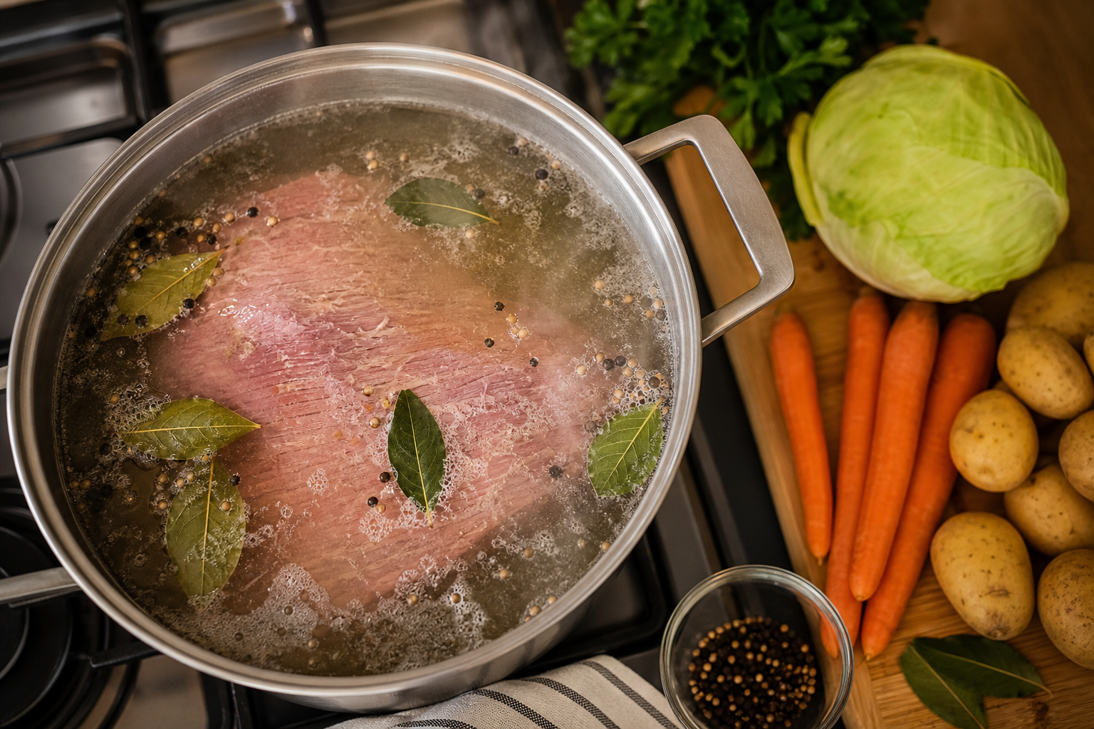 Corned beef simmering in a large pot with spices, surrounded by fresh vegetables for cooking