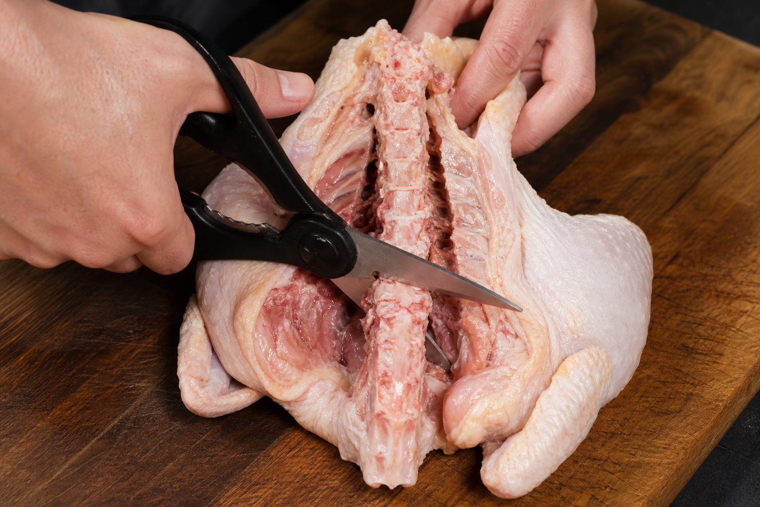 Hands using kitchen shears to remove chicken backbone for spatchcocking