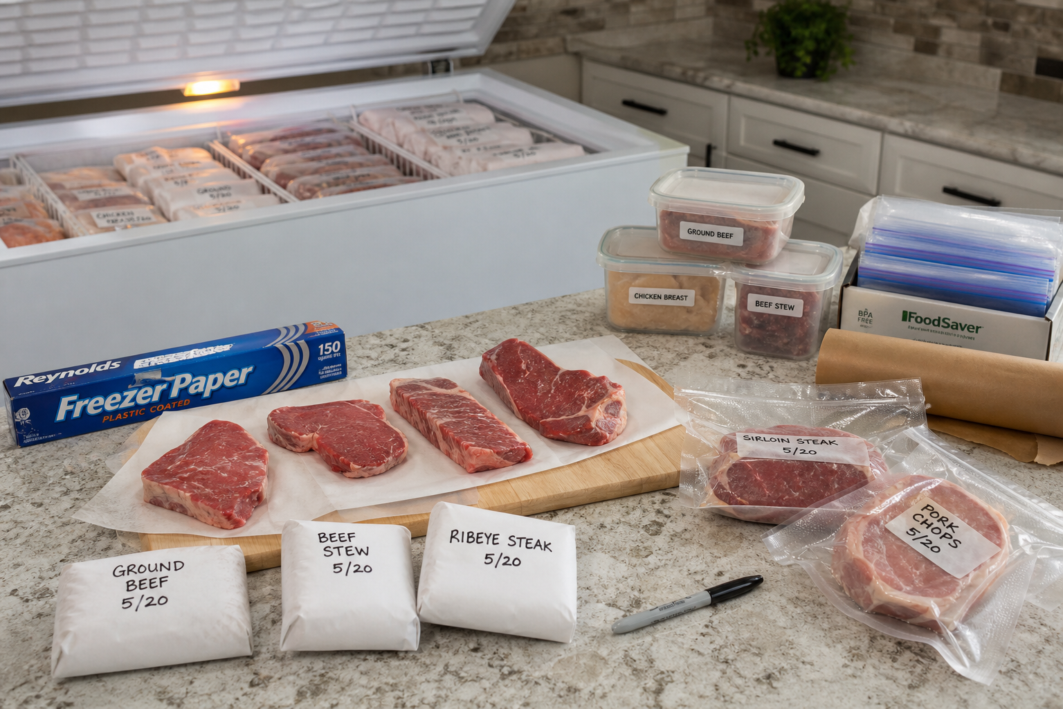 Best Days to Buy Meat: Timing Your Grocery Store Visits 8 Kitchen scene showing proper meat freezing technique with vacuum-sealed bags and labeled packages