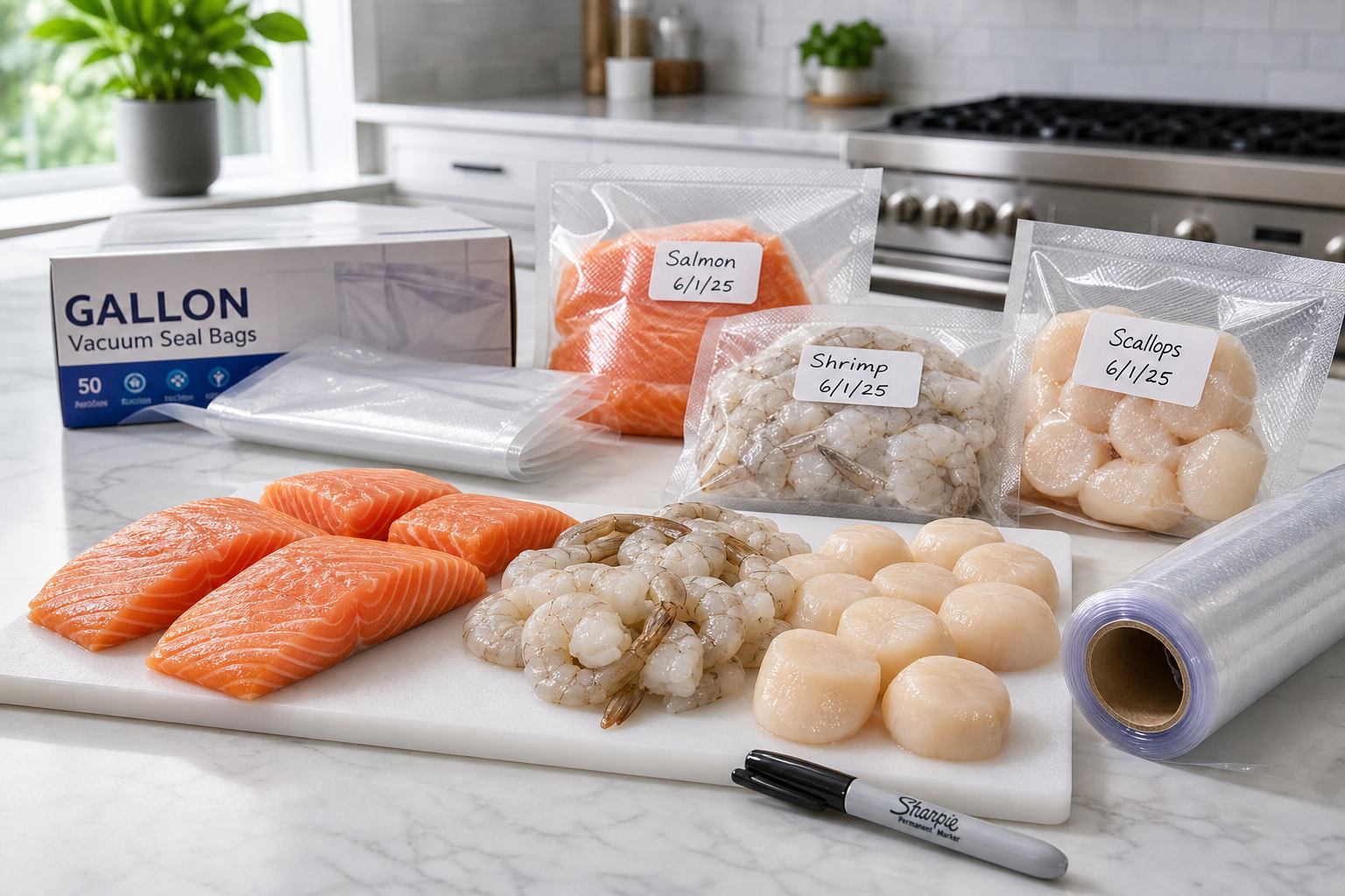 How to Freeze Seafood Correctly: Fish, Shrimp, Salmon & Scallops 7 Fresh seafood with freezer bags and wrapping materials on a kitchen counter