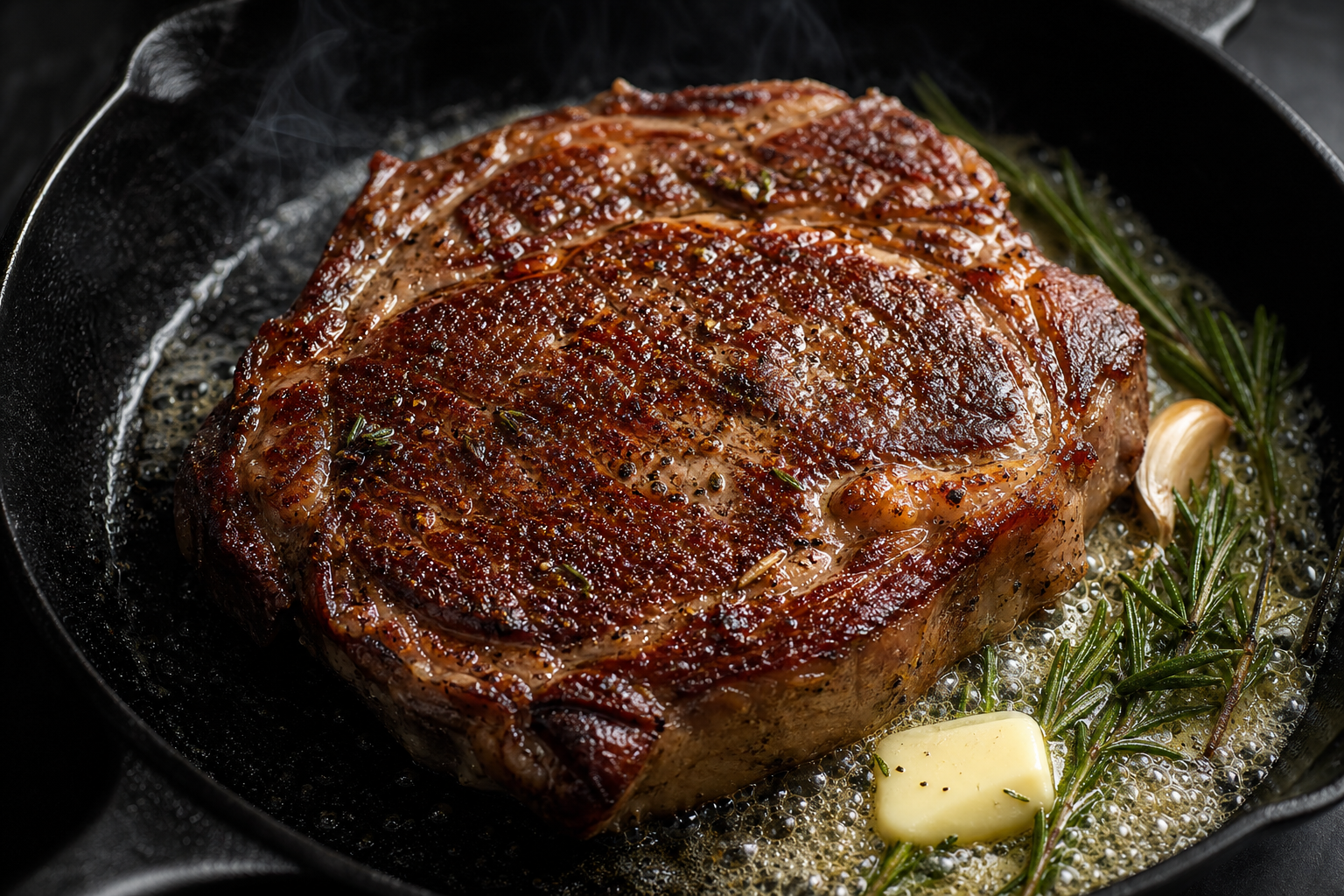 How to Sear Sous Vide Steak for a Perfect Crust 6 Steak being seared in cast iron skillet with golden-brown crust