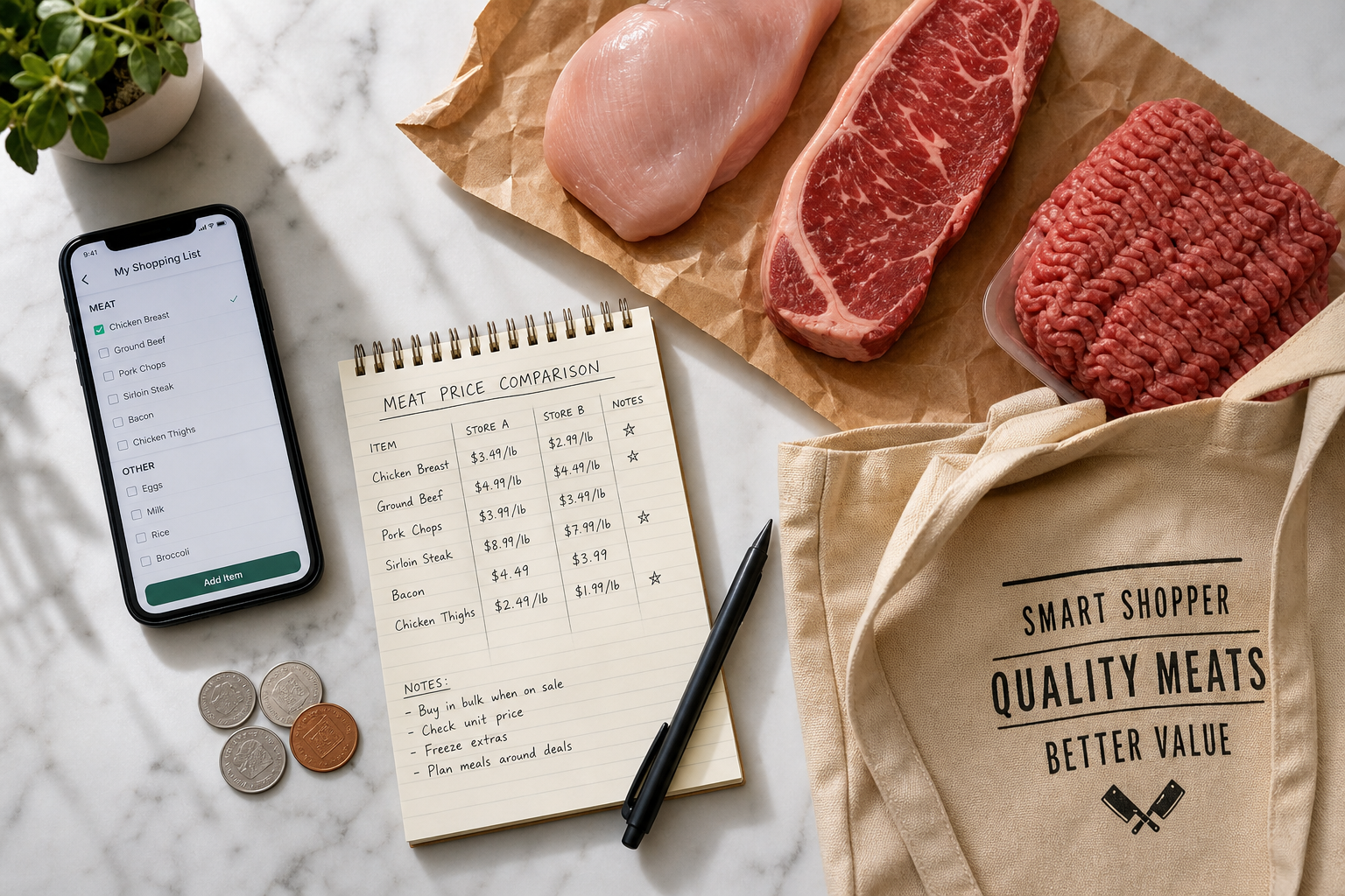 Overhead view of organized meat shopping with list, budget notes, and quality fresh cuts