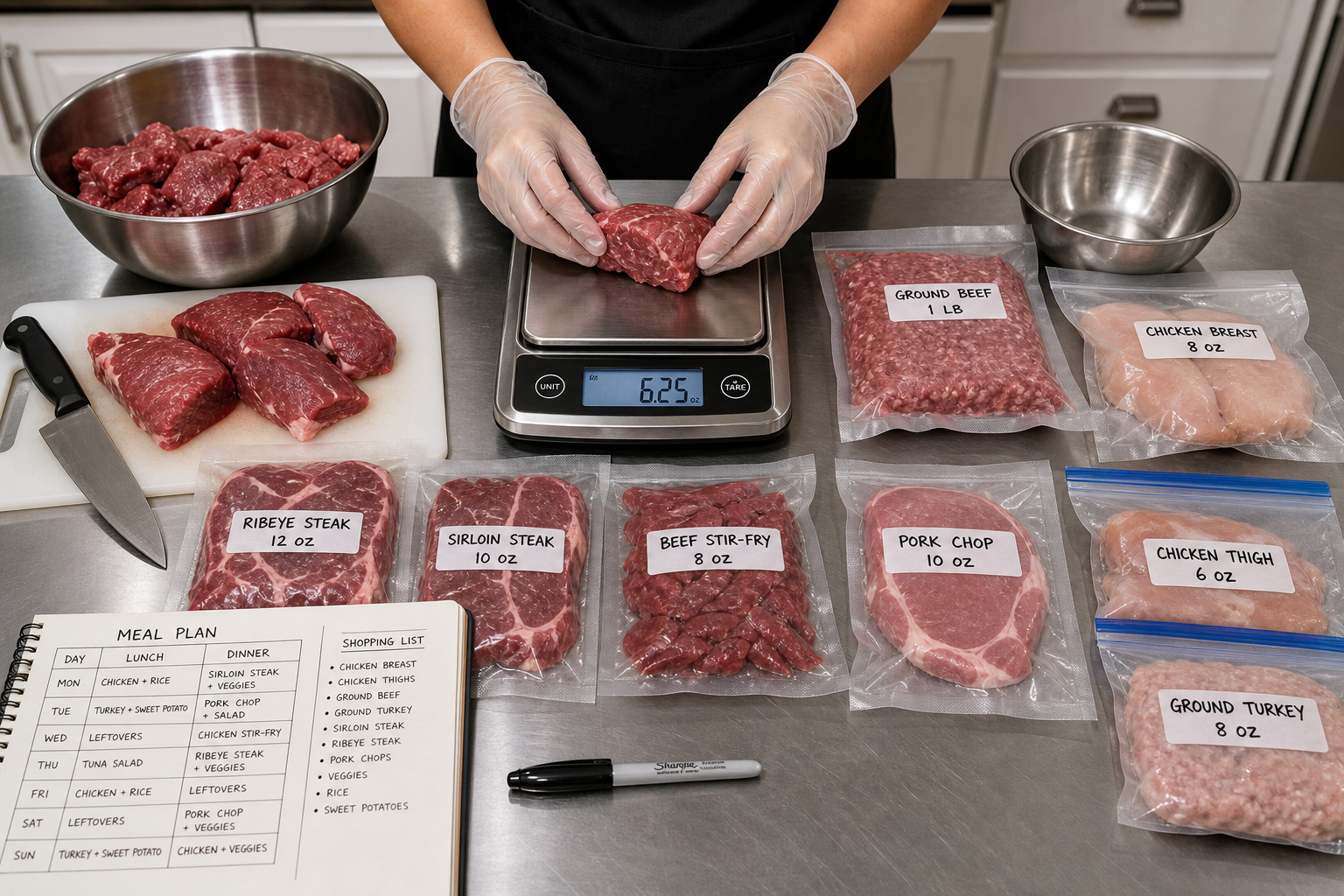 Family Packs and Bulk Meat: How to Save on Protein Every Week 9 Hands portioning and packaging bulk meat into meal-sized portions on kitchen counter