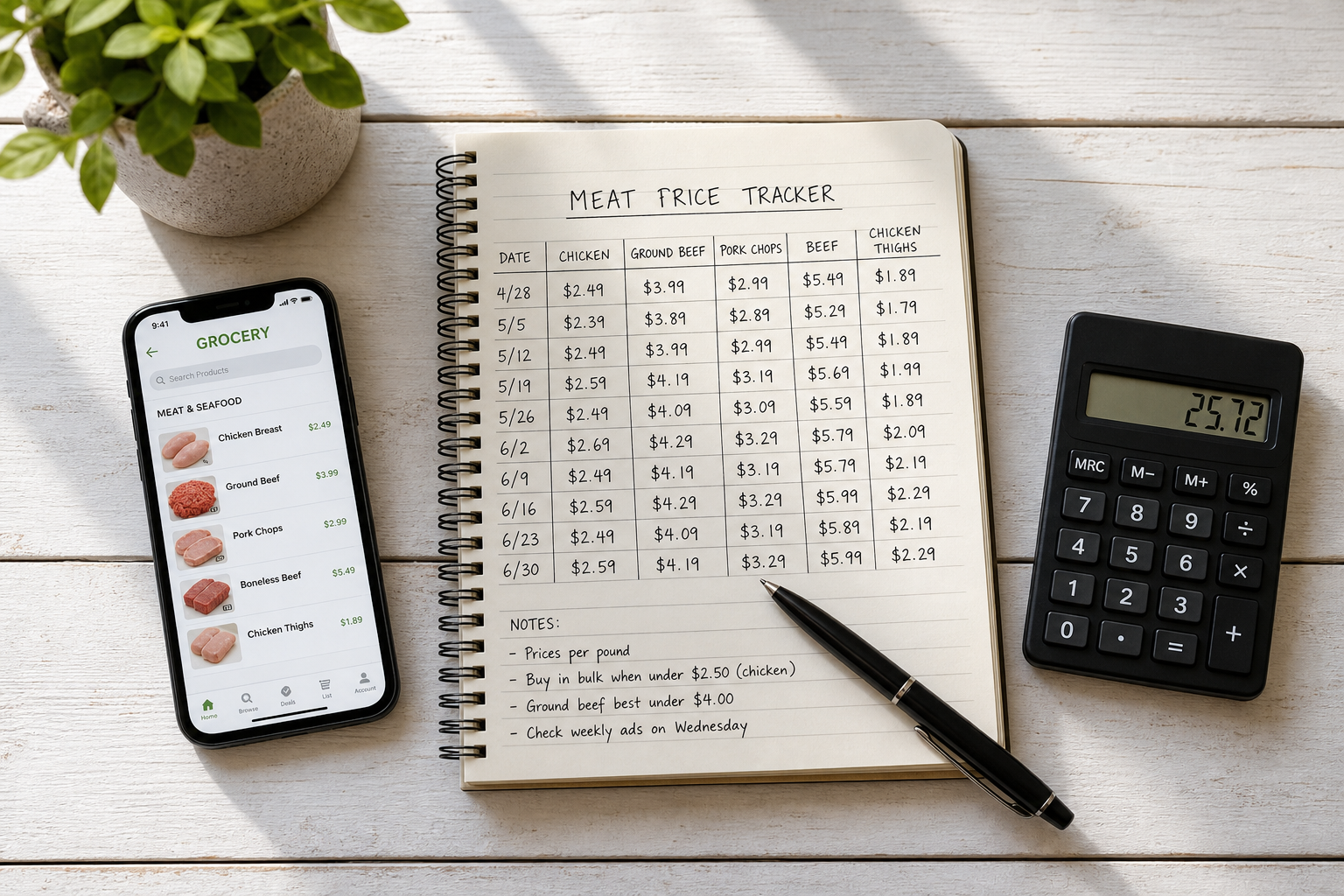 Overhead view of a price book notebook, calculator, and smartphone on a table