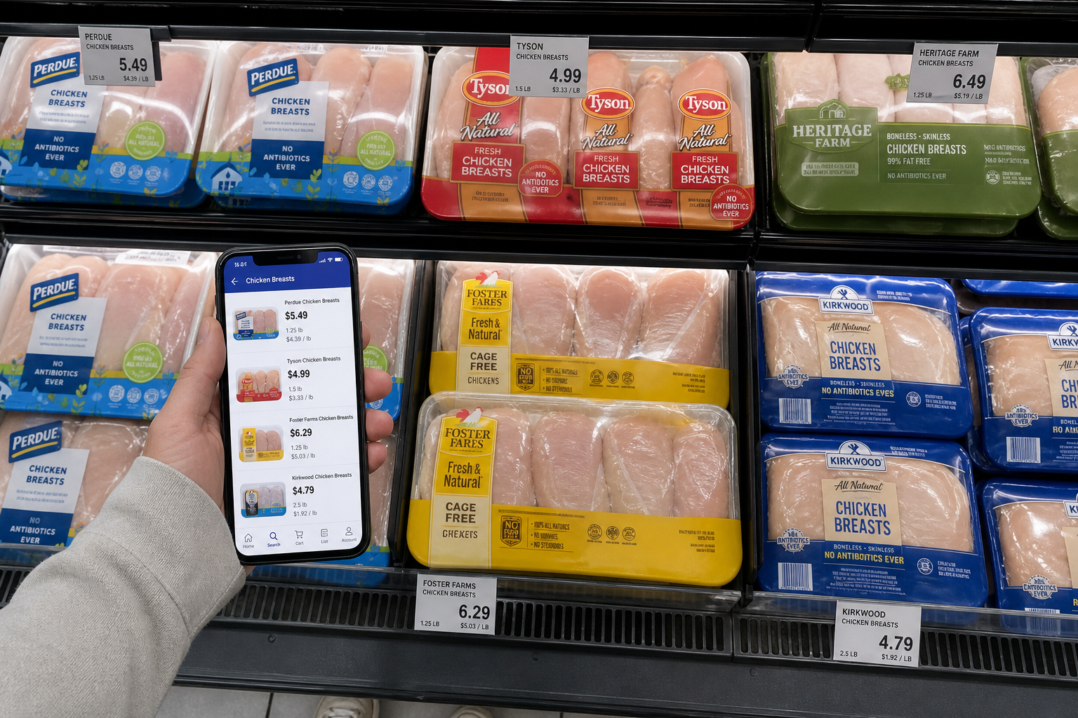 Why Chicken Breast Prices Fluctuate Throughout the Year 9 Shopper comparing chicken breast prices in grocery store refrigerated meat section