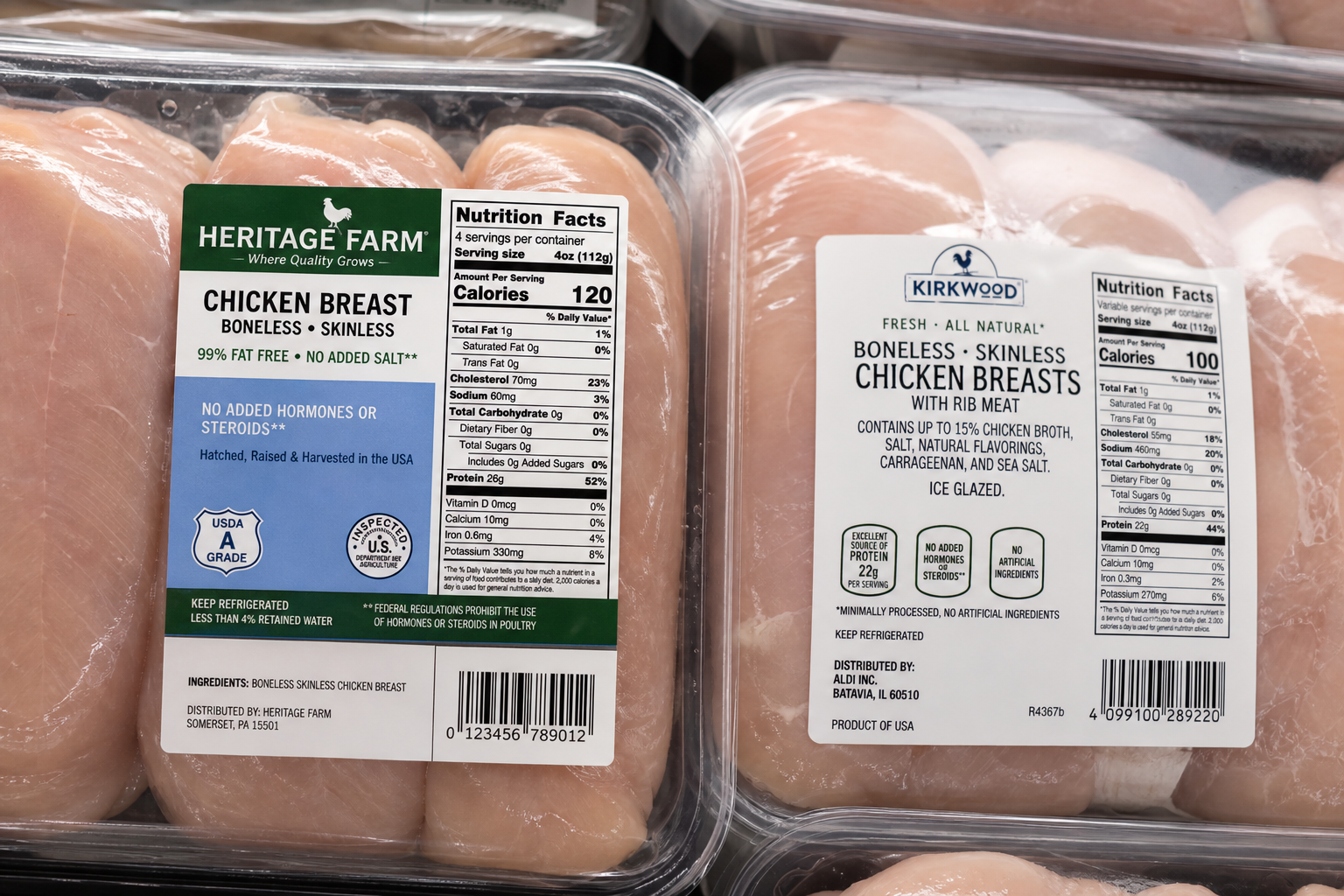 What Is Enhanced Chicken? How to Spot and Avoid It 5 Chicken packages in grocery store showing detailed product labels
