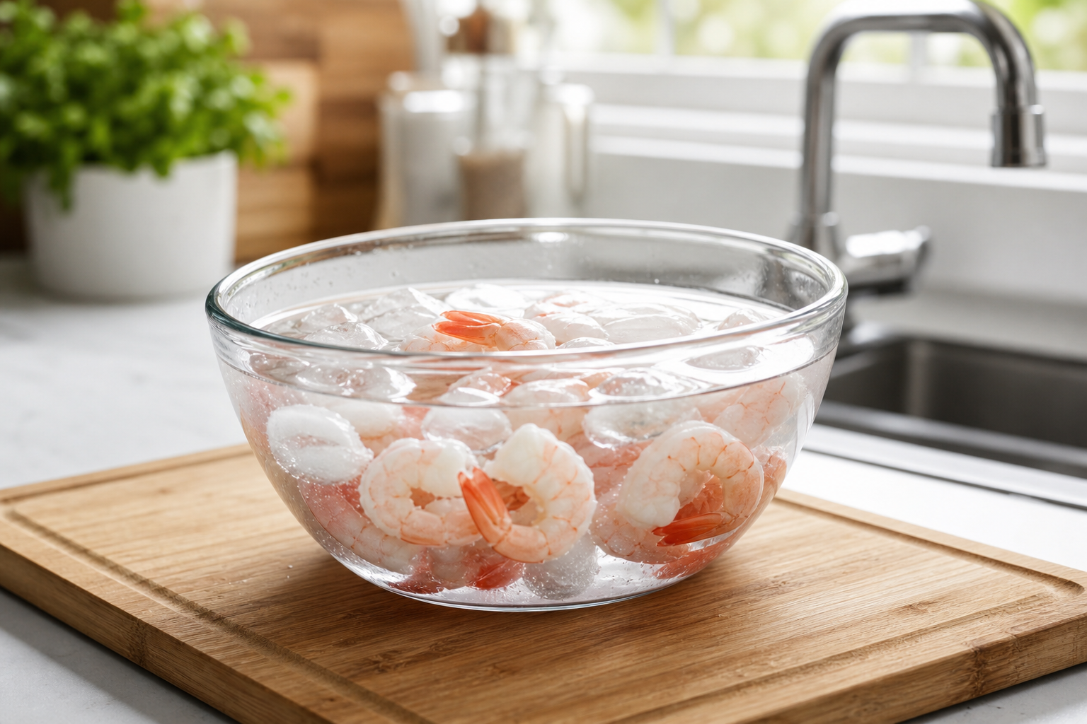 Frozen shrimp thawing in a bowl of cold water on a kitchen counter