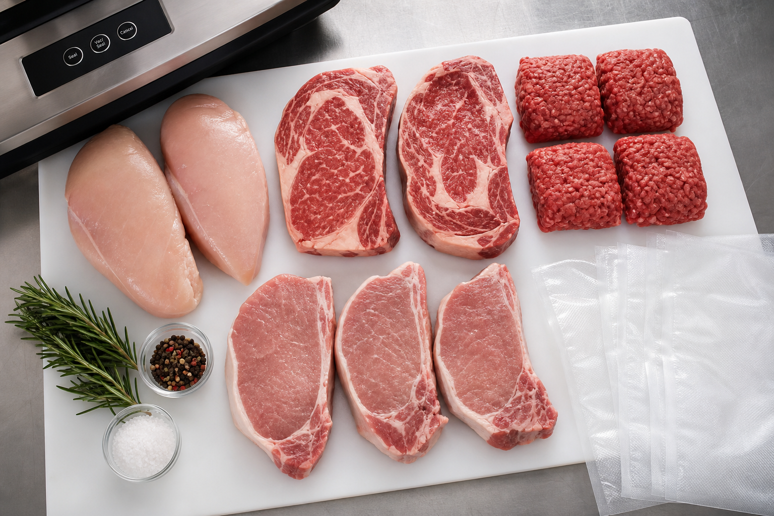 Various types of raw meat with vacuum seal bags prepared for sealing