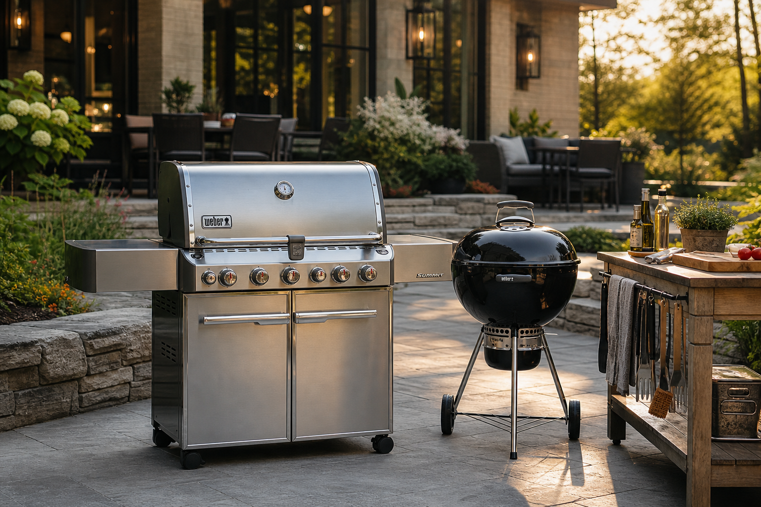 Outdoor patio with both gas and charcoal grills set up side by side