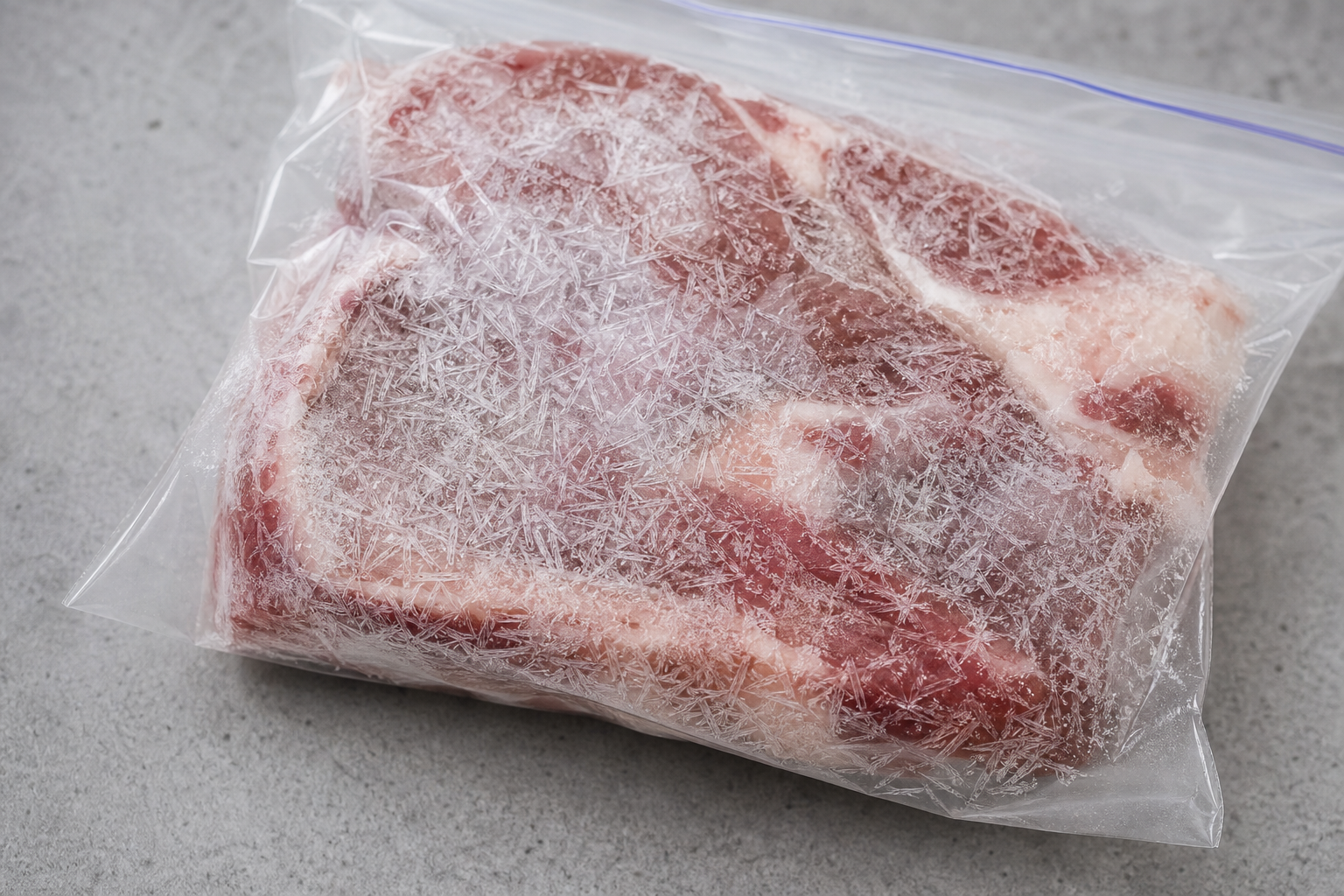 Frozen meat in clear plastic bag showing ice crystals formed inside the packaging