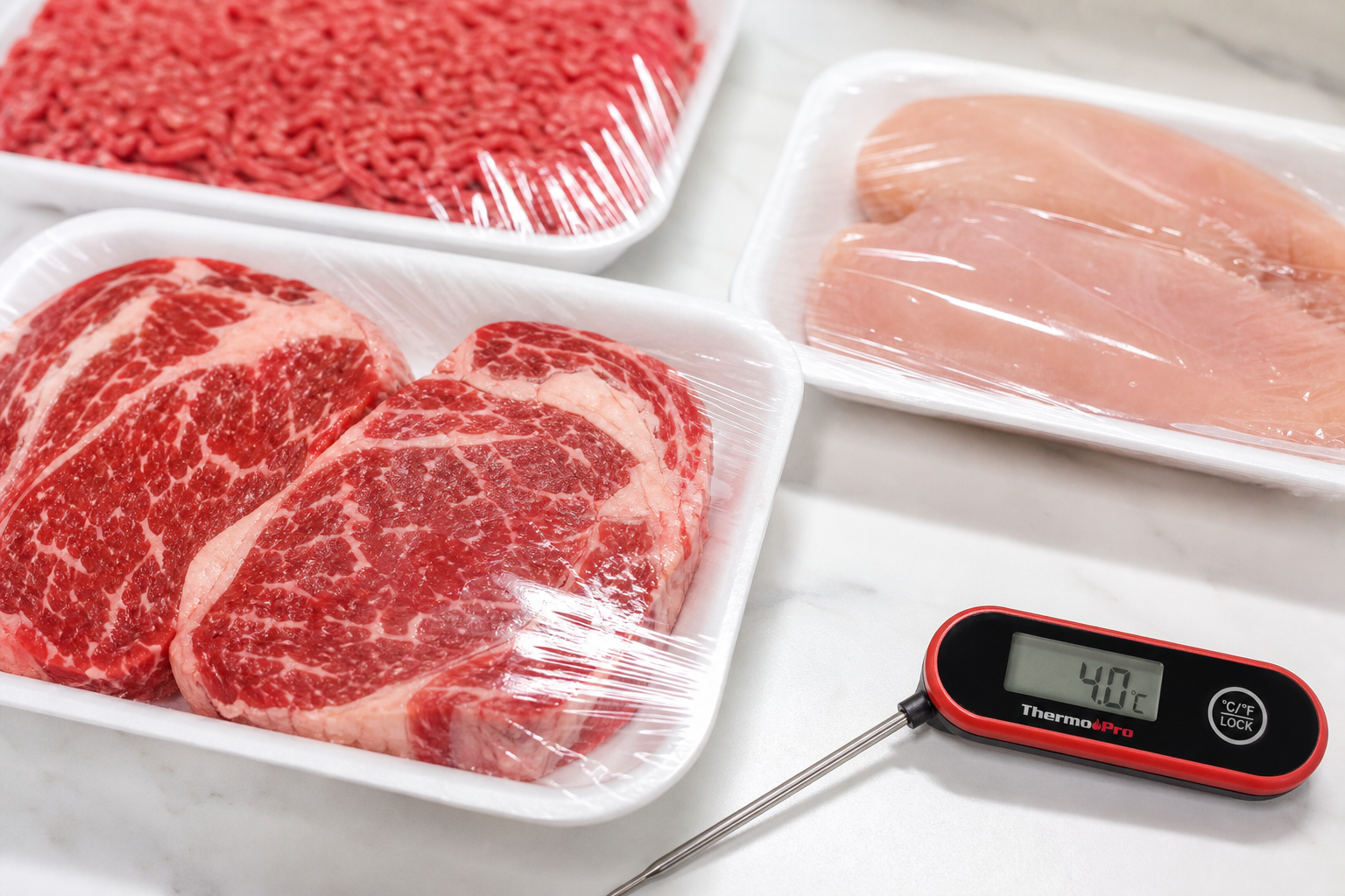 How to Save Money on Markdown Meat at the Grocery Store 7 Fresh packaged meat with thermometer showing food safety
