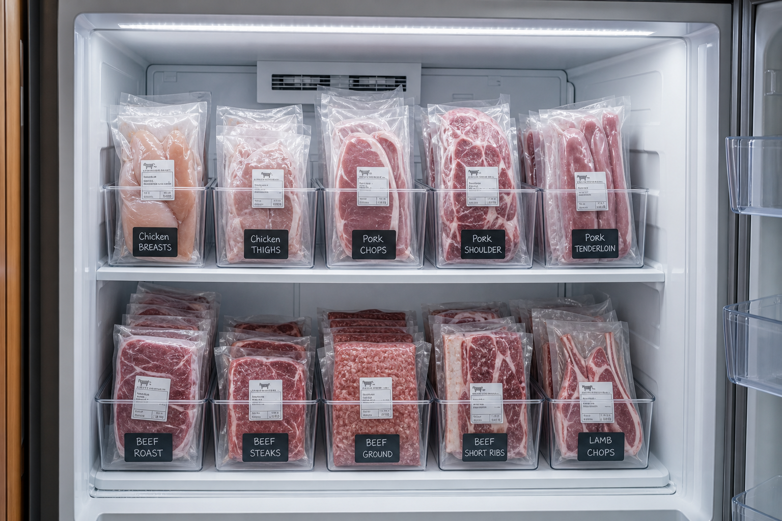 Organized freezer with labeled vacuum-sealed meat packages arranged in bins