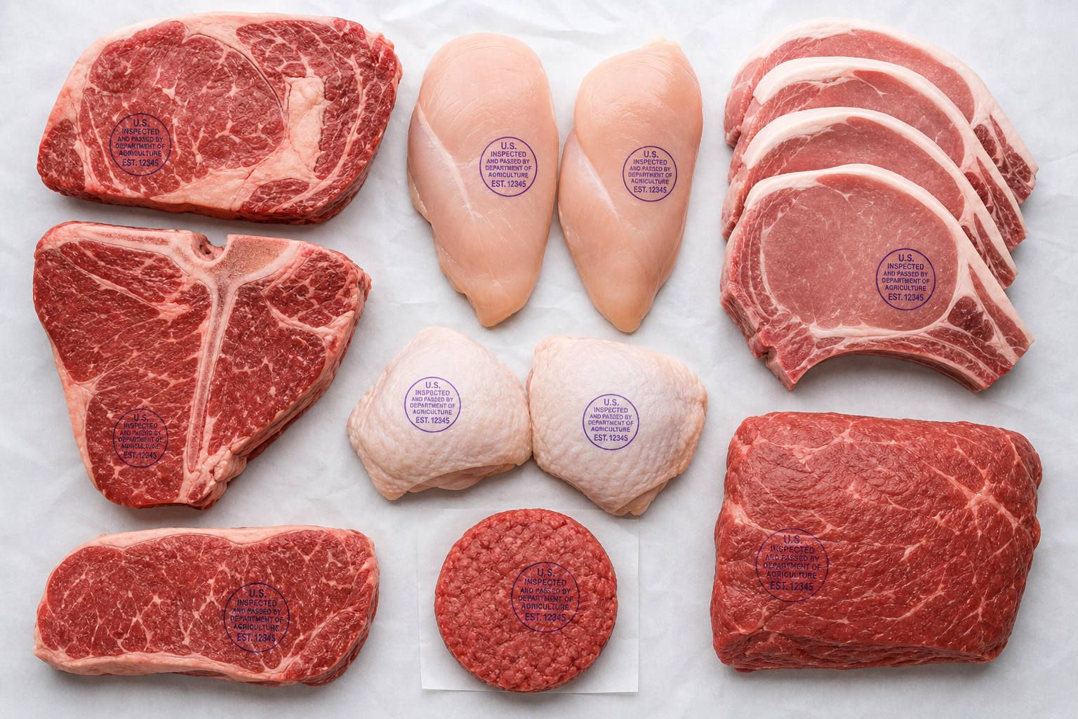 Fresh meat cuts with visible USDA inspection stamps on white butcher paper