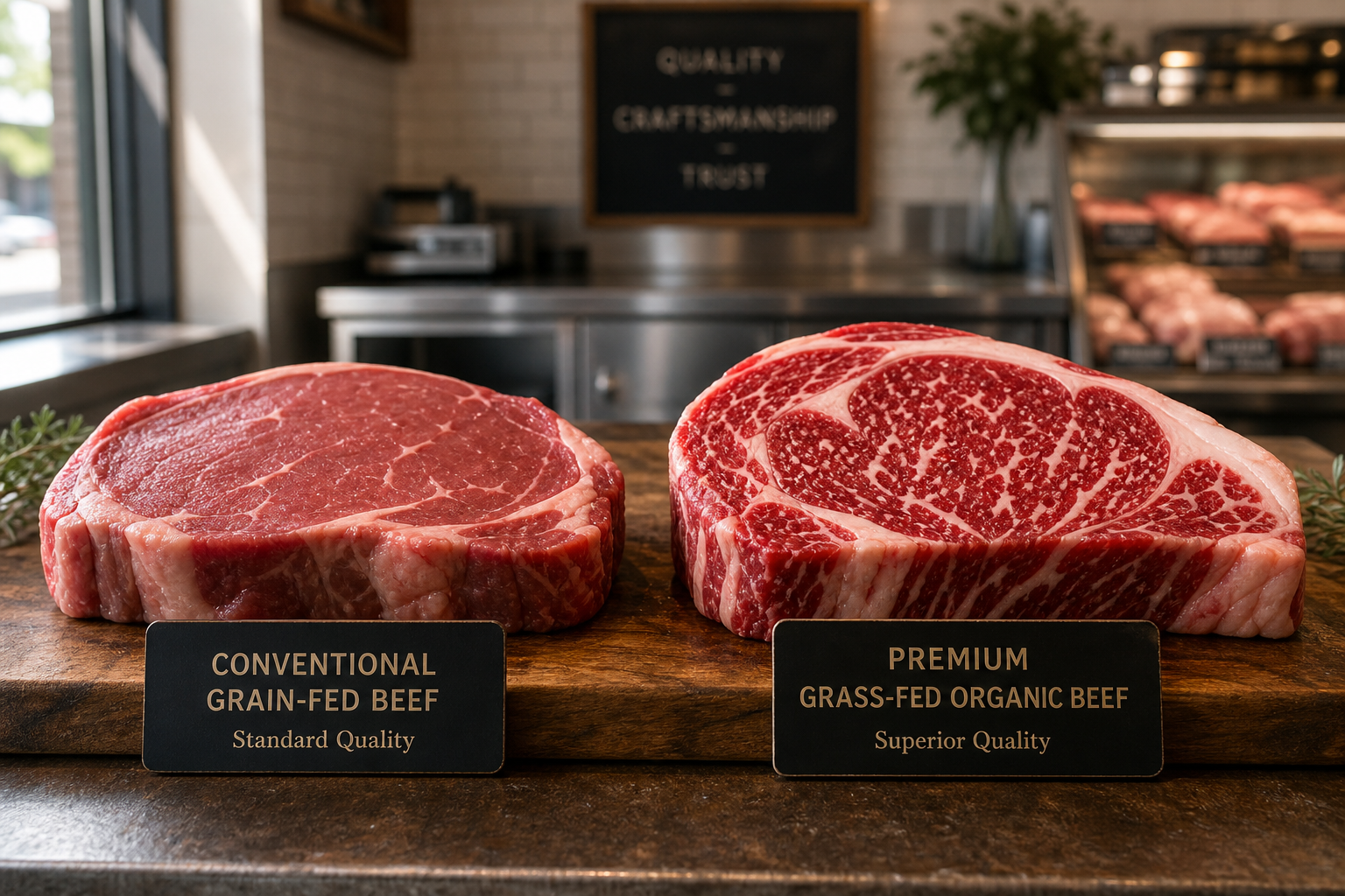 Comparison of standard and premium beef cuts on wooden cutting board