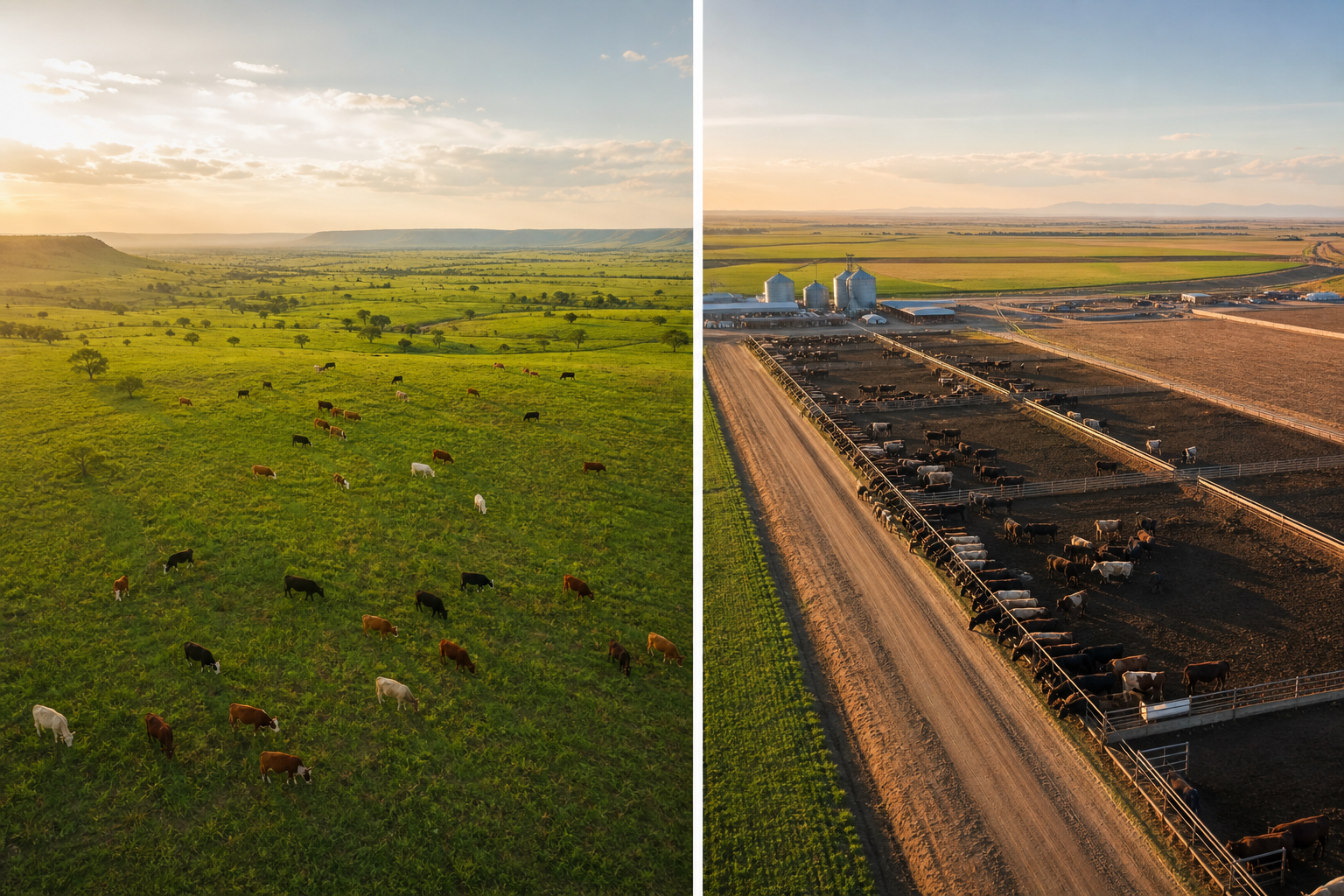 Why Imported Meat Is Cheaper Than Domestic 6 Aerial comparison of expansive international grazing land versus compact domestic feedlot
