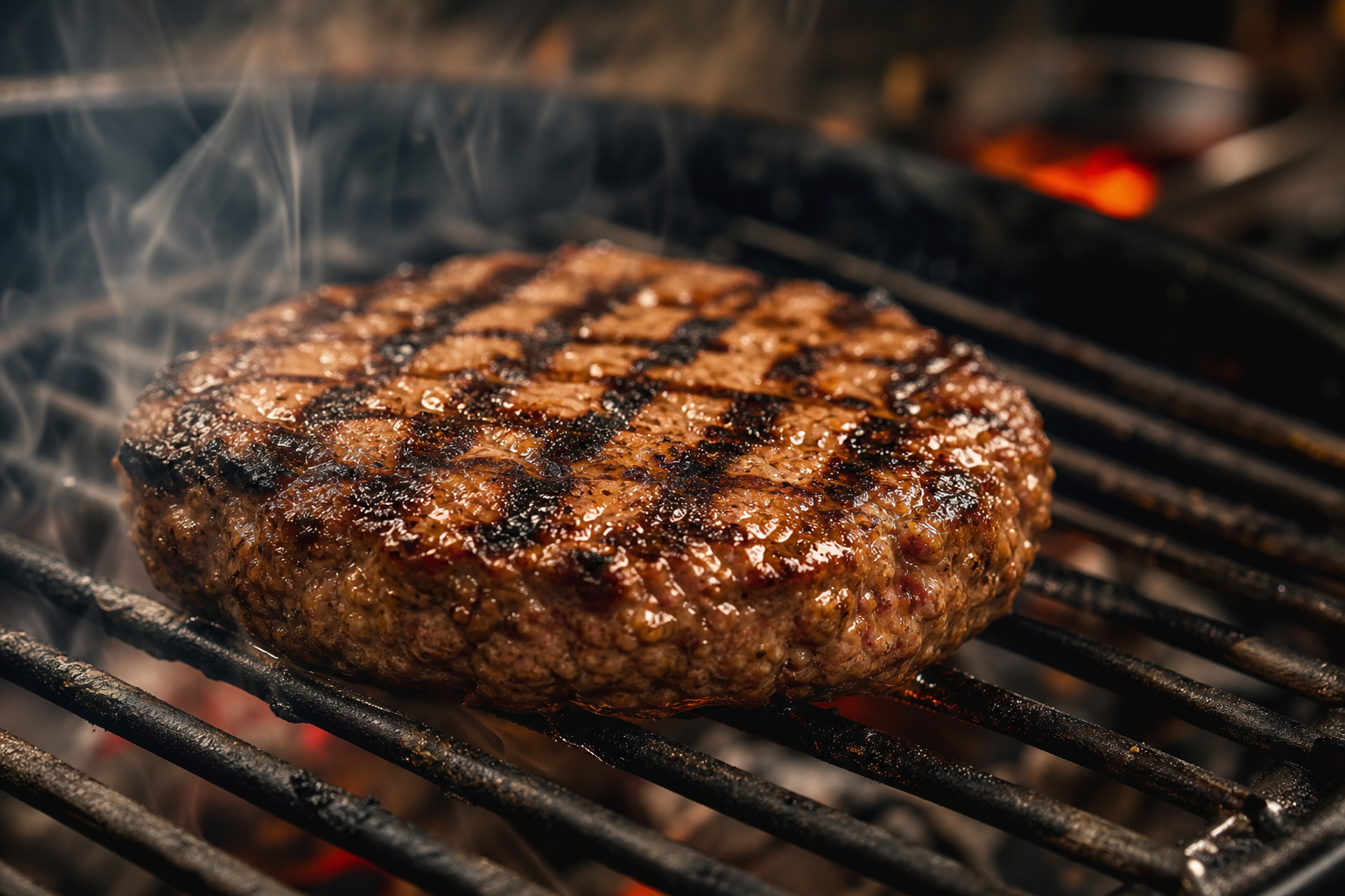 Burger patty on grill showing golden-brown crust and grill marks