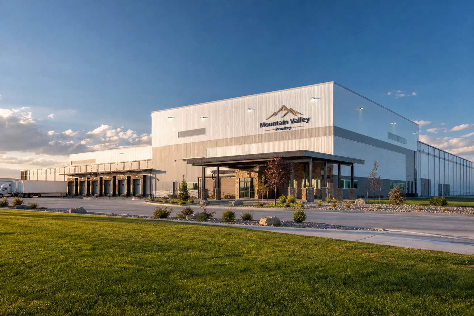 Modern poultry processing facility exterior building