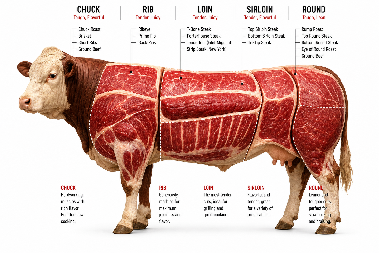 Diagram showing different cuts of meat on a cow based on body location