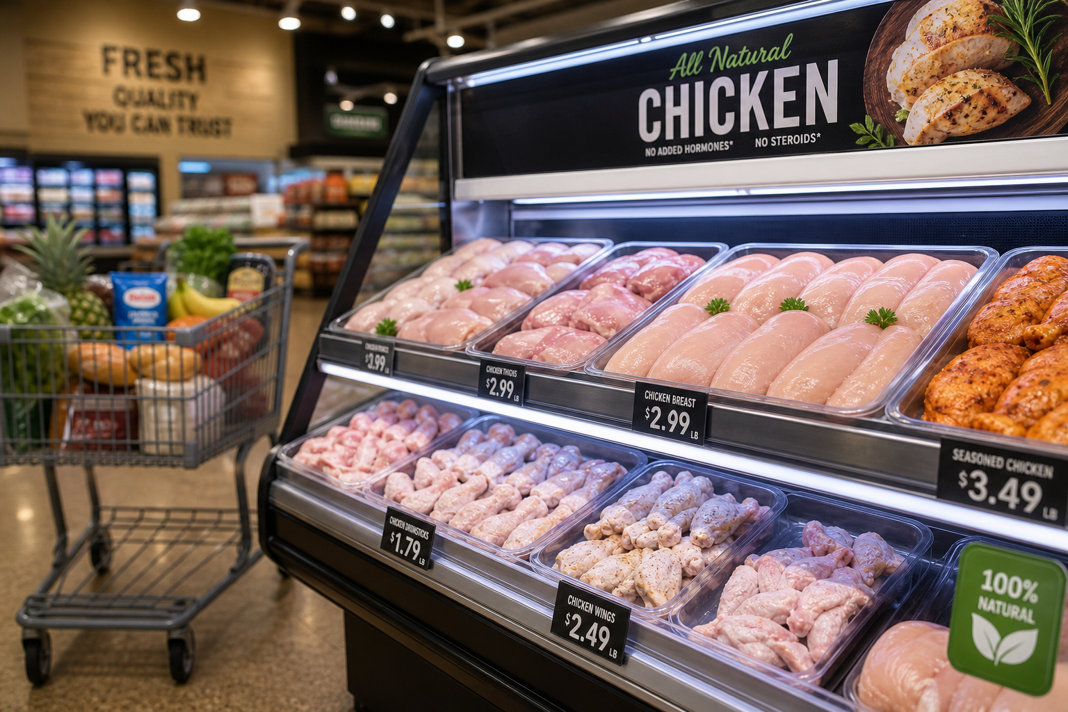 Why Chicken Prices Vary Between Grocery Stores 7 Grocery store meat department with chicken display and shopping cart of additional products