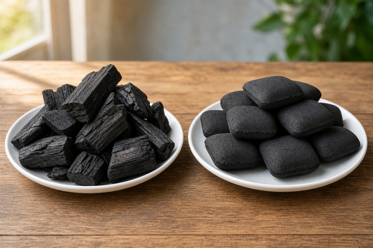 Side by side comparison of lump charcoal and charcoal briquettes on white plates