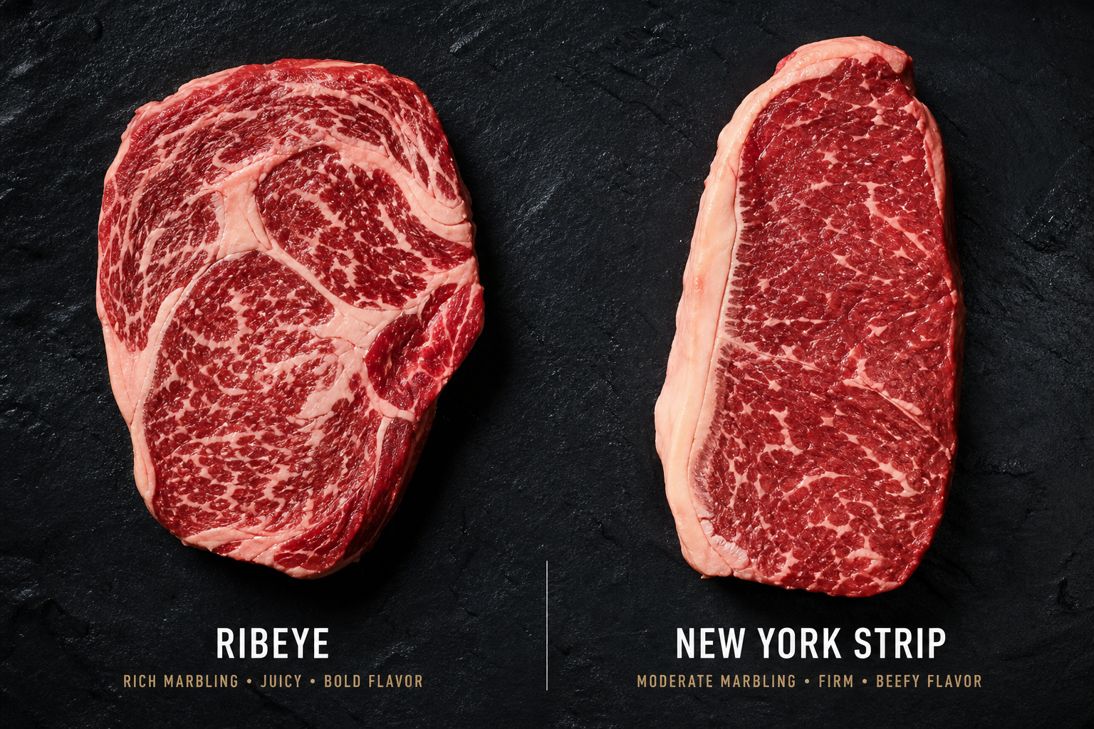 Ribeye vs New York Strip: Fat, Tenderness & Price Compared 6 Side-by-side comparison of ribeye and New York strip steaks showing different marbling patterns
