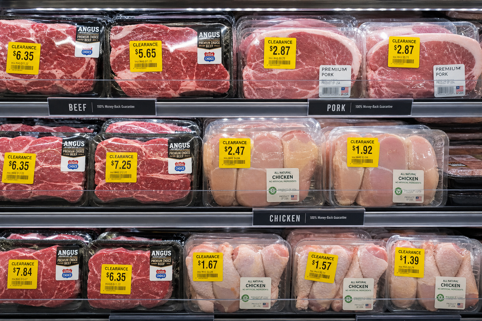Best Walmart Meat Deals: How to Save on Chicken, Beef & Pork 8 Meat packages with clearance markdown stickers in refrigerated display case