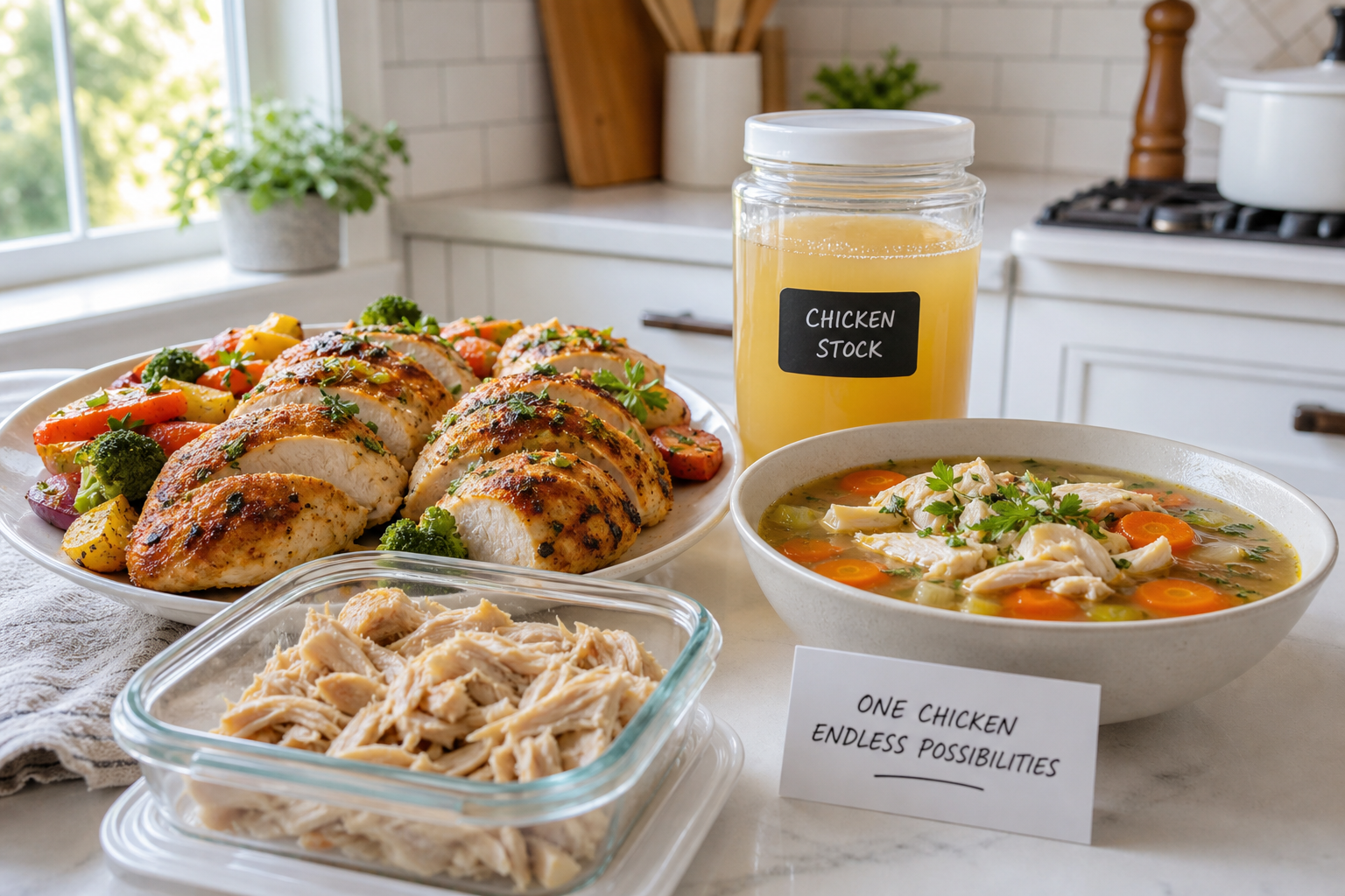 Multiple meals prepared from one whole chicken displayed in kitchen