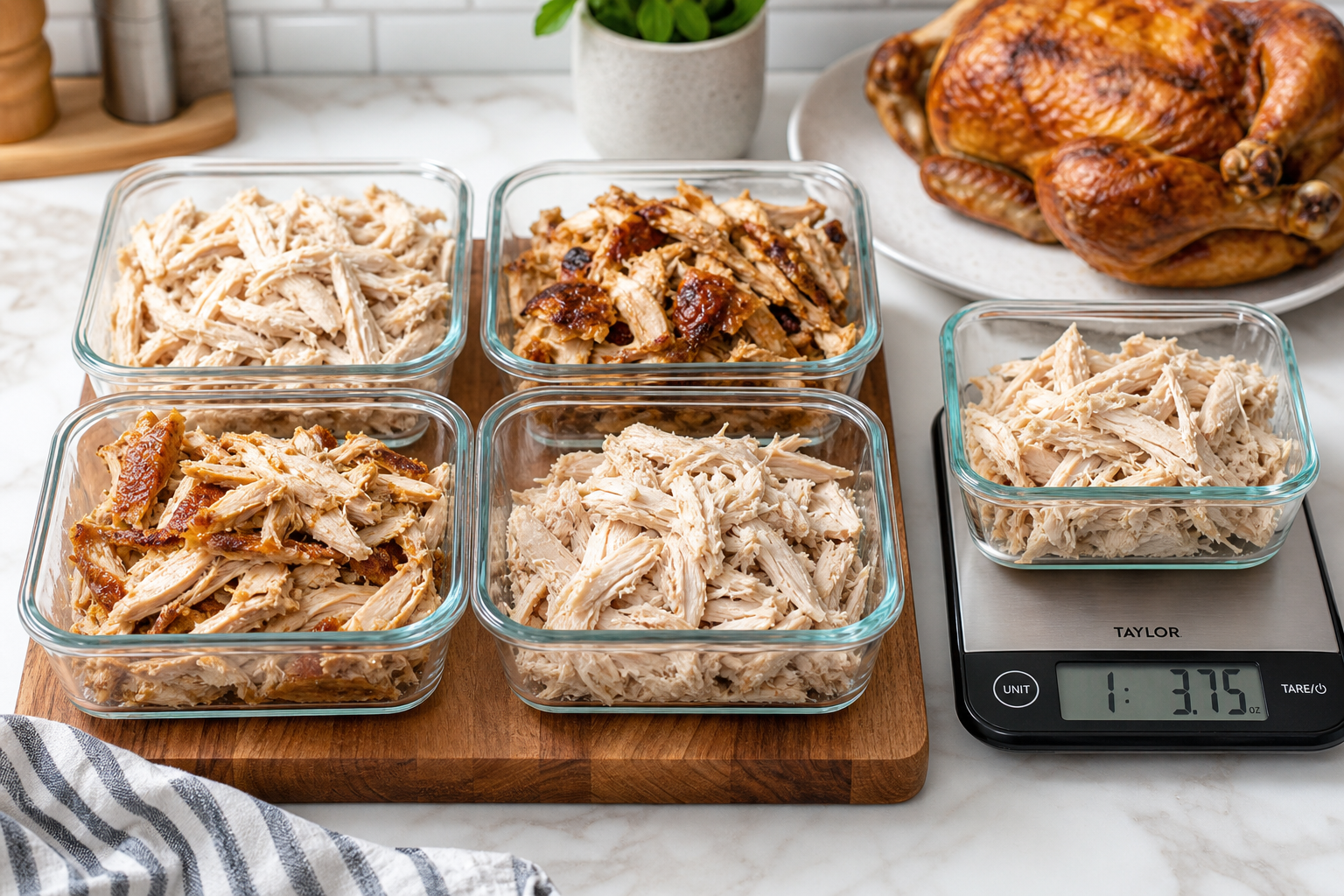 Costco Rotisserie Chicken vs Raw: Which Is the Better Deal? 6 Portioned chicken meat in containers showing meat yield comparison