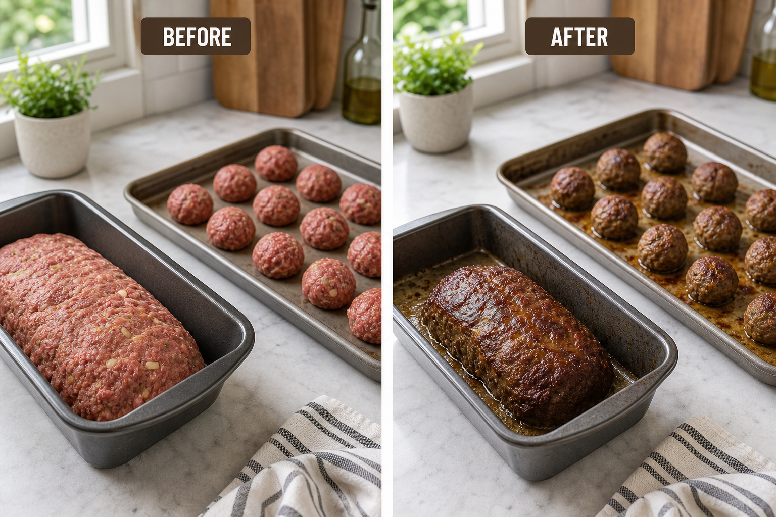Before and after comparison showing meatloaf and meatballs before and after cooking with visible shrinkage