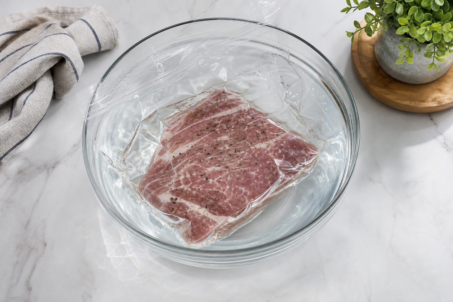 Frozen meat in sealed bag submerged in bowl of cold water for thawing